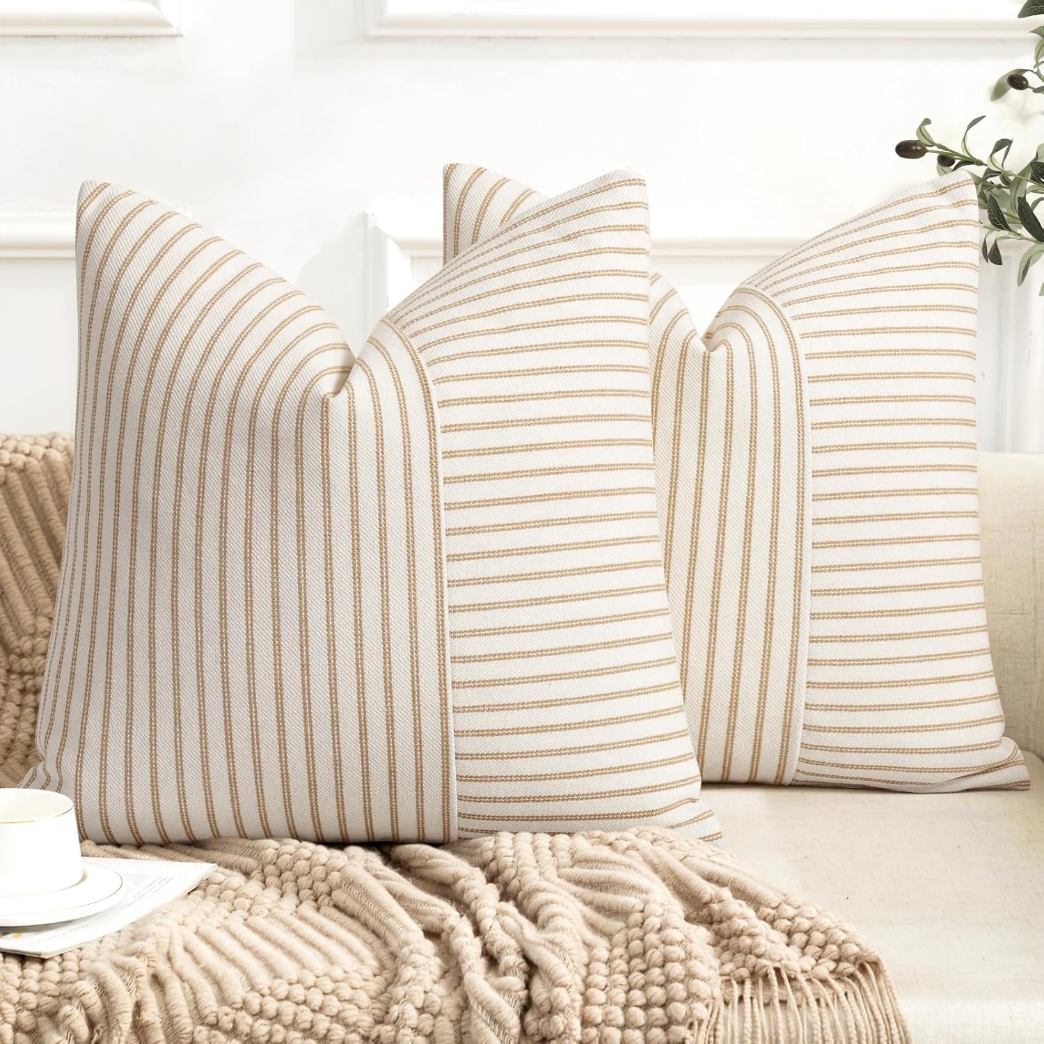 Linen Boho Beige Throw Pillow Cover — 18" — Khaki