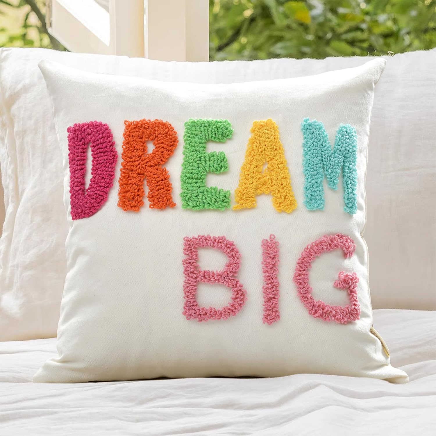 Tufted Boho Beige Throw Pillow Cover — 18" — Dream Big