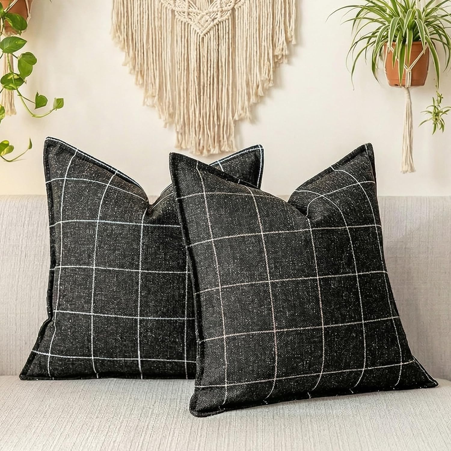 Linen Boho Beige Throw Pillow Cover — 20" — Black & Beige Plaid Set of 2
