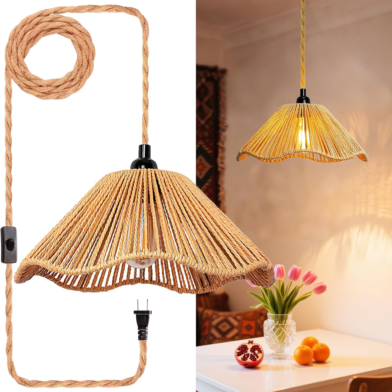 Boho Rattan Ceiling Light — 6" — 12.4 Inch-Umbrella Shade