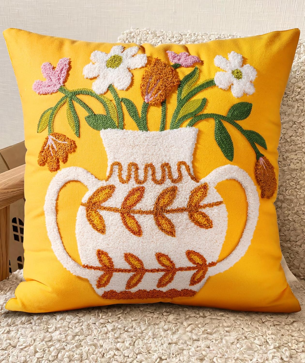 Embroidered Boho Beige Throw Pillow Cover — 18" — Floral Vase