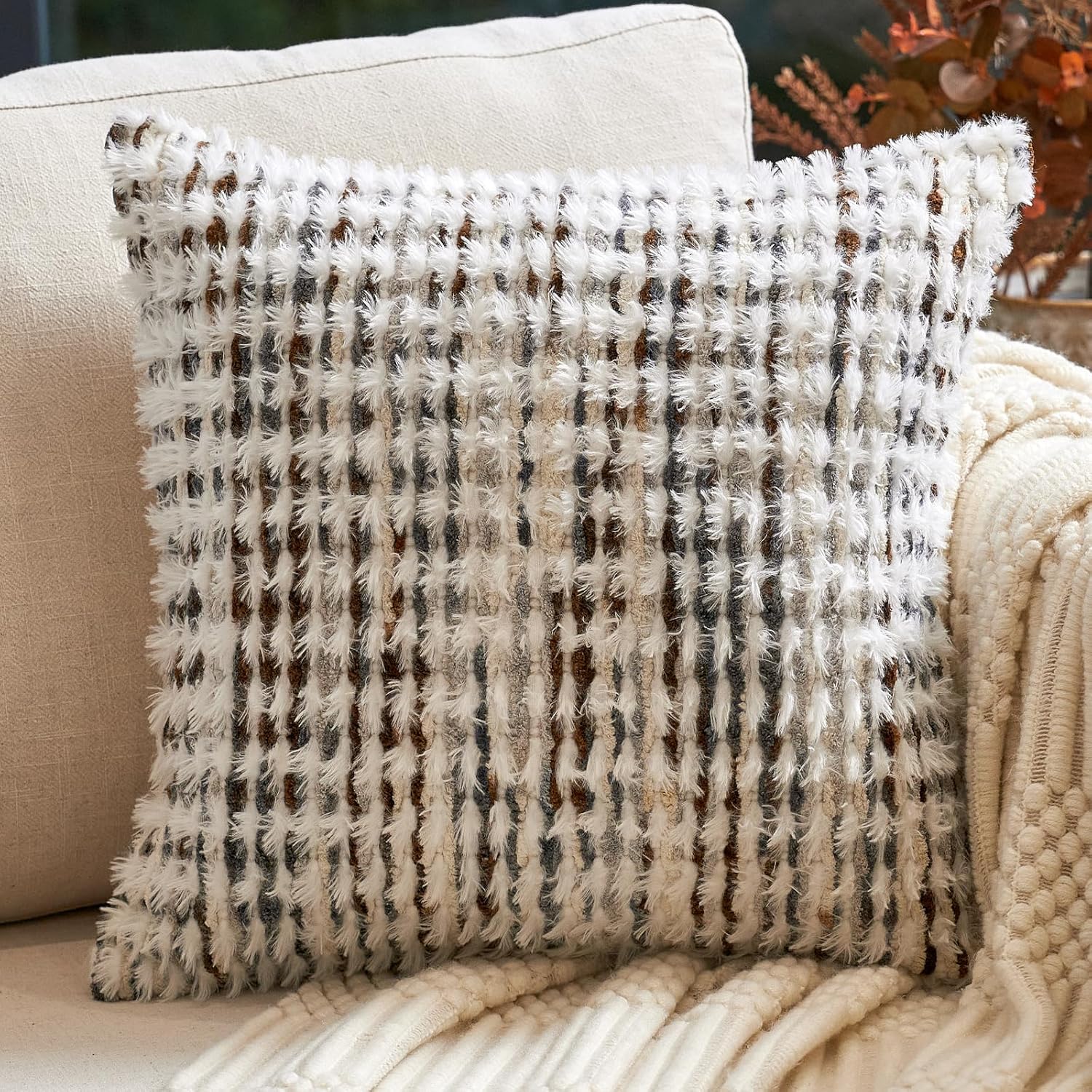 Tufted Boho Black Throw Pillow Cover — 20" — Brown White