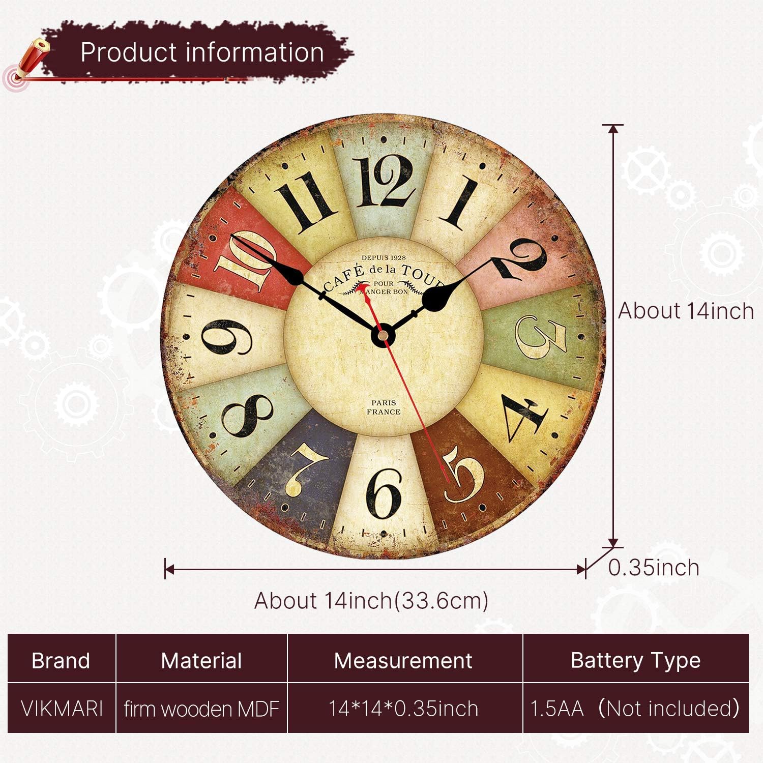 Battery Operated Farmhouse Wood Wall Clock — 14" - View 3