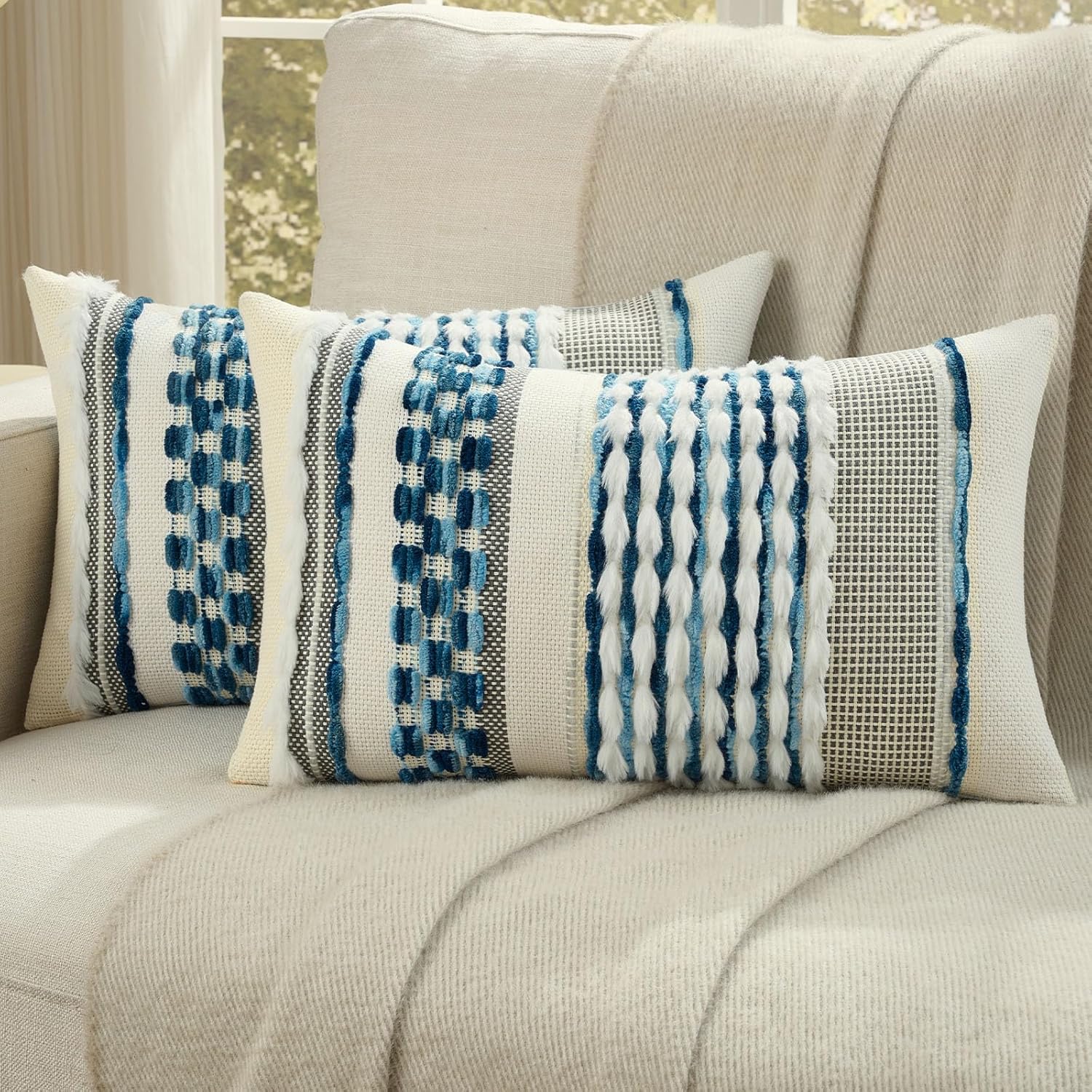 Tufted Boho Beige Throw Pillow Cover — 18" — Blue