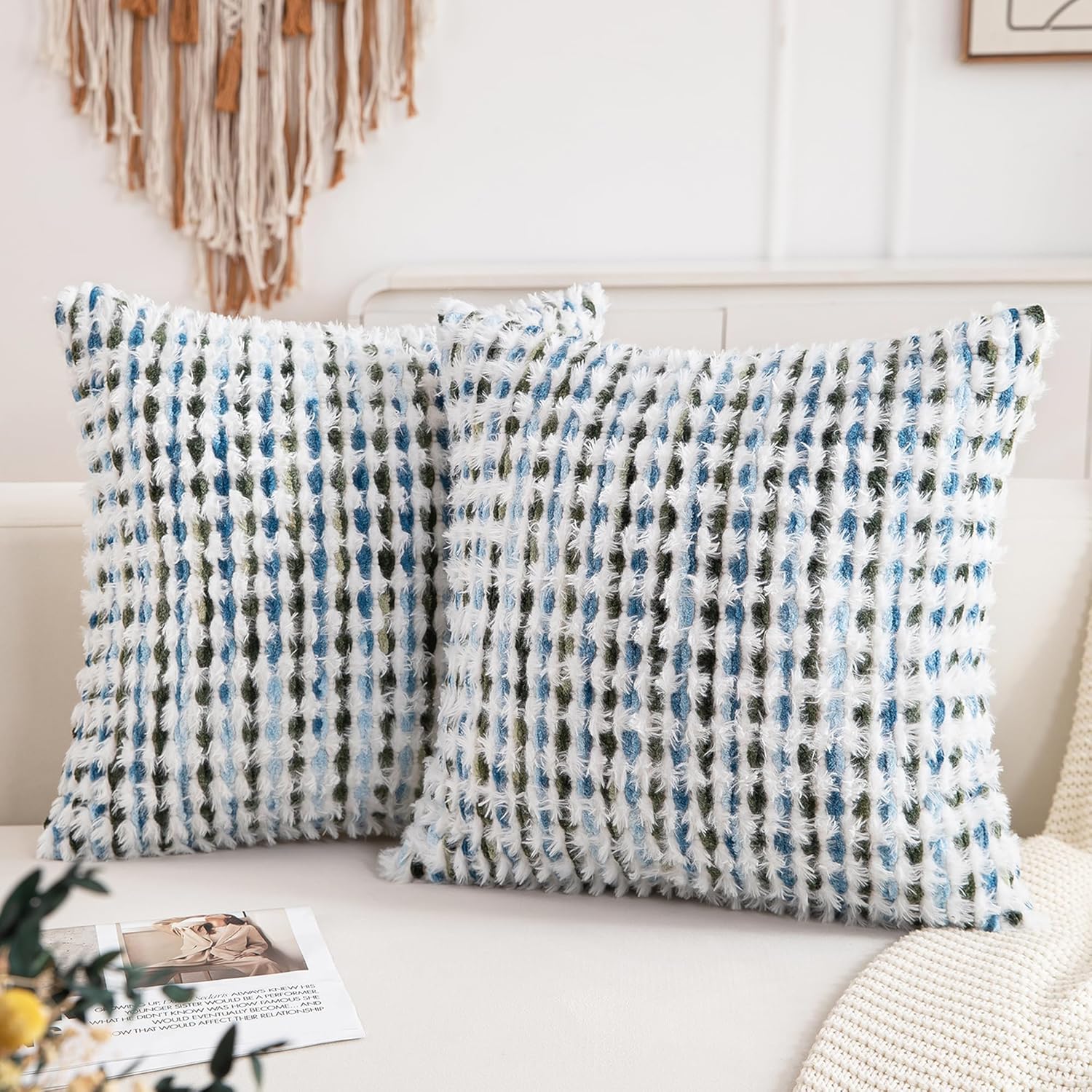 Tufted Boho Blue Throw Pillow Cover — 18" — Blue