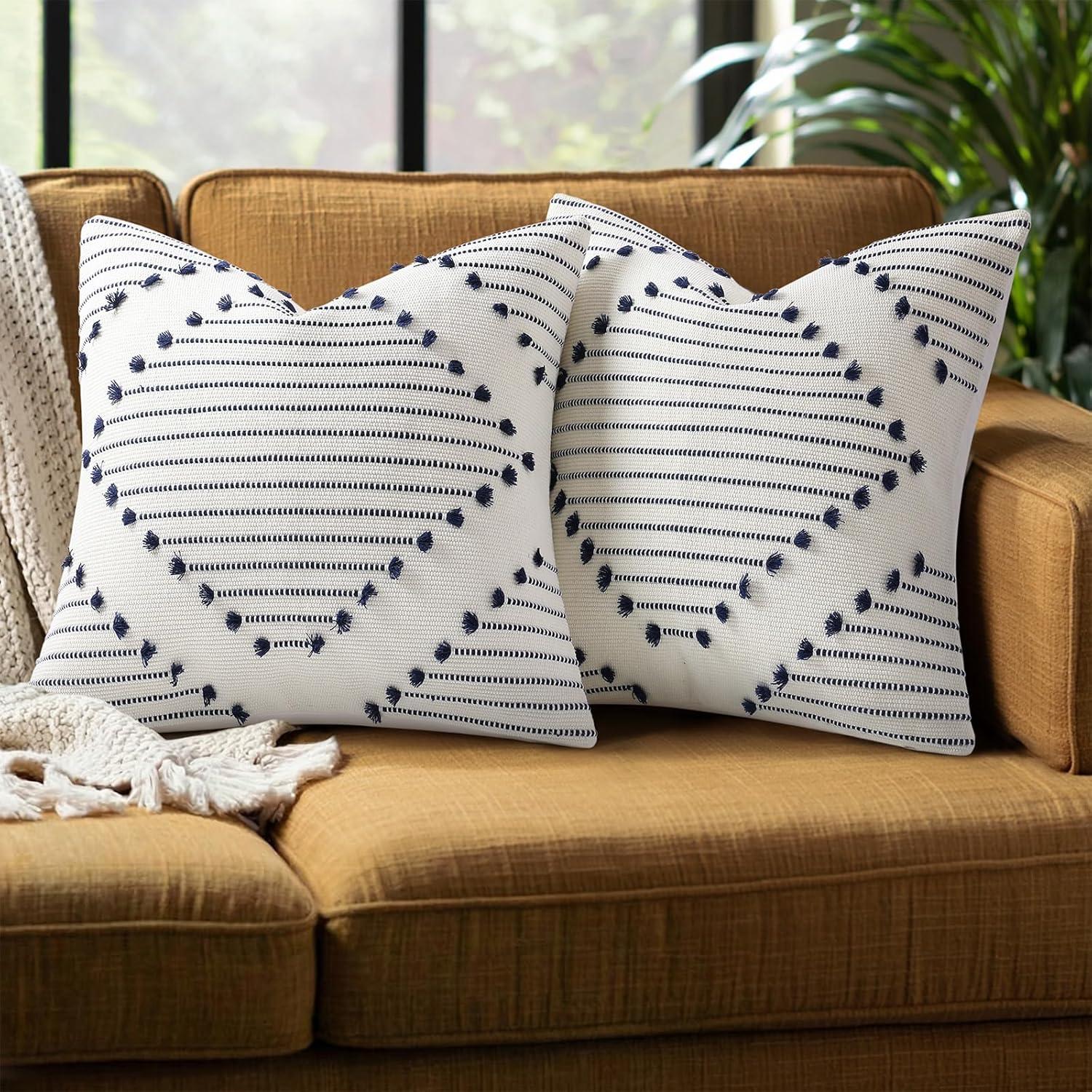 Boho Beige Throw Pillow Cover — 18" — Navy Blue