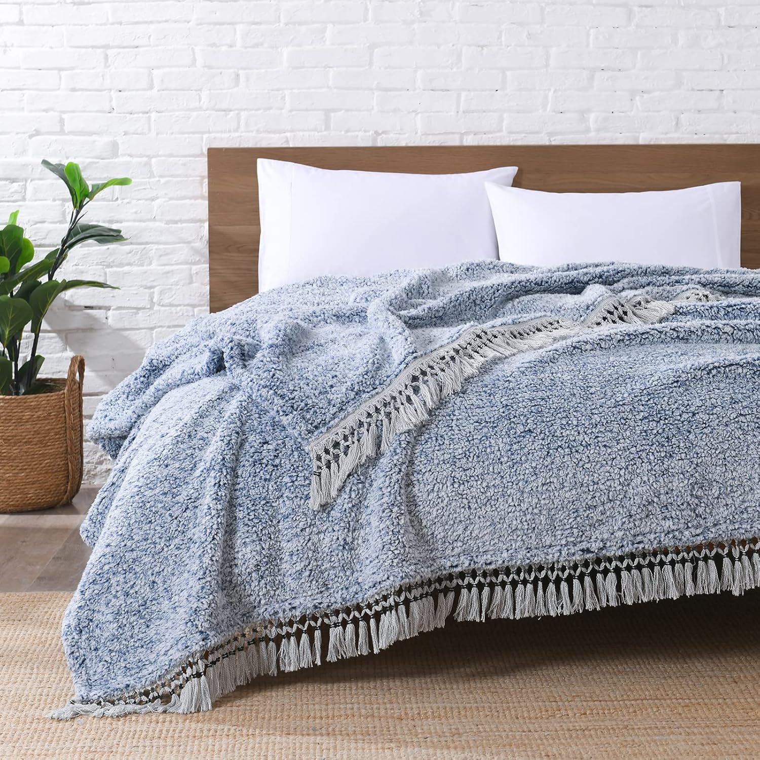 Boho Beige Throw Pillow — 50" — Blue With Tassel