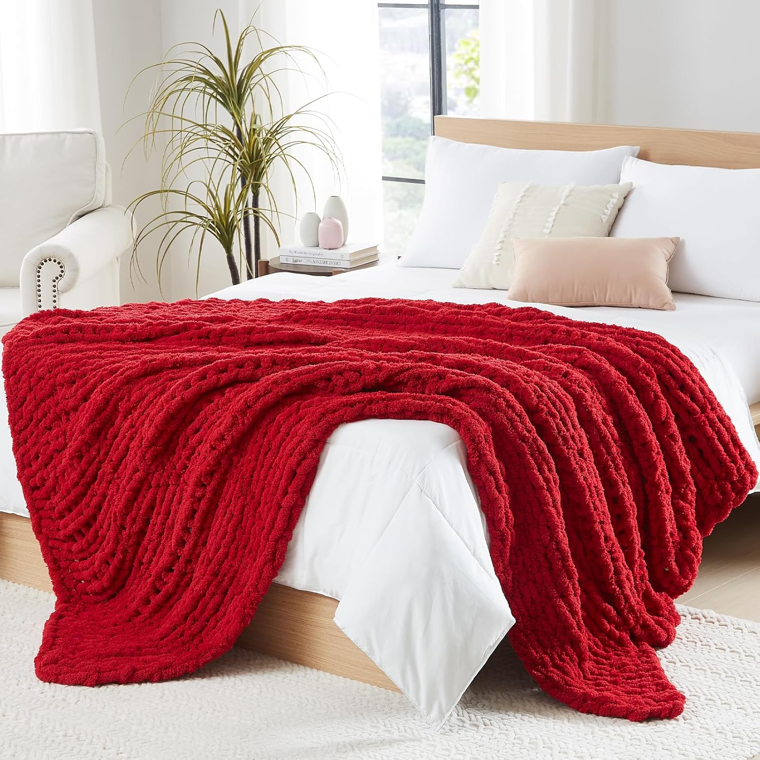Knit Beige Throw Pillow — 50" — Red
