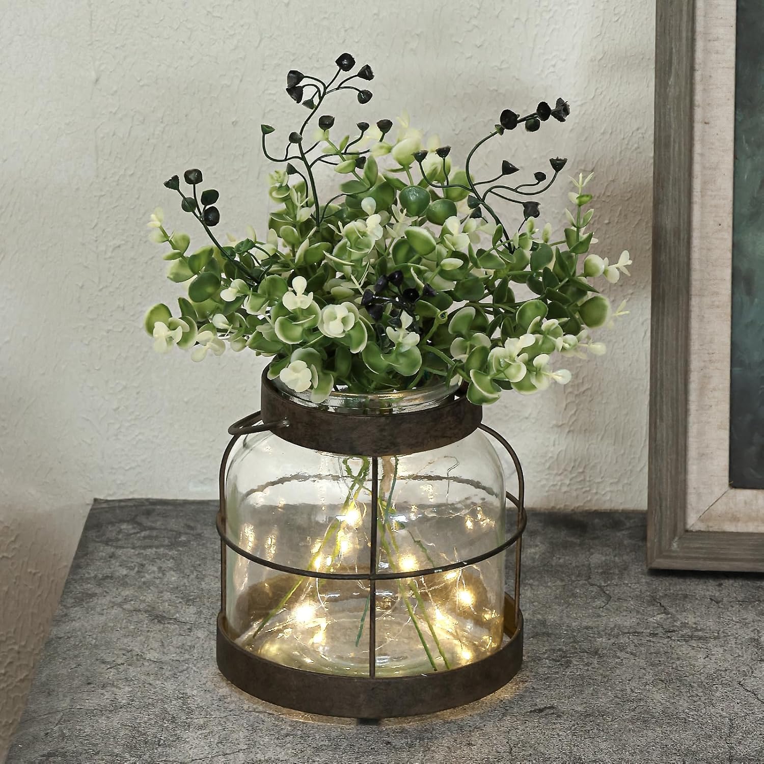 Vintage Farmhouse Green Artificial Plant — Vase+greenery+light