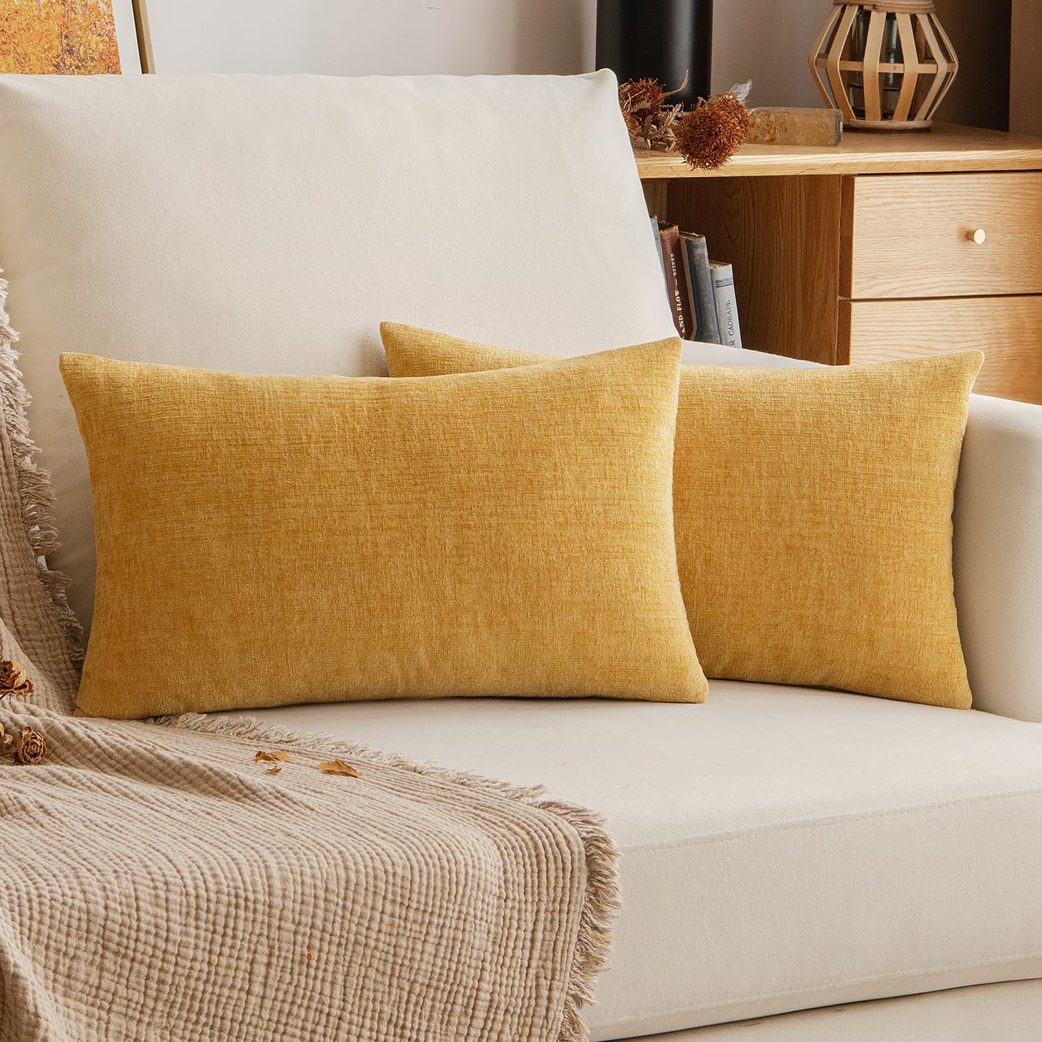 Chenille Boho Beige Throw Pillow Cover — 18" — Gold