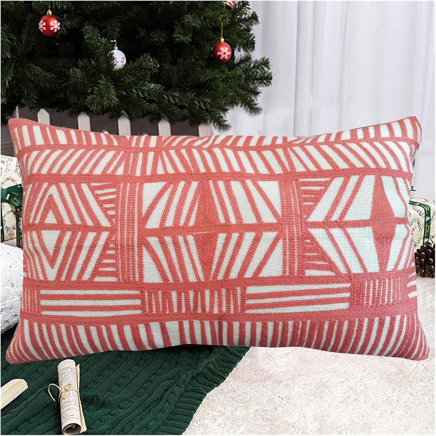 Embroidered Boho Beige Throw Pillow Cover — 20" — 20" x 12" (Pack of 1)