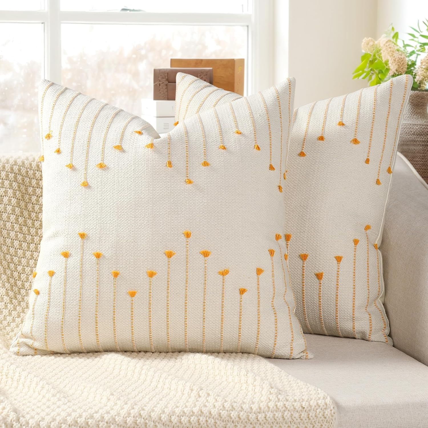 Tufted Boho Beige Throw Pillow Cover — 18" — Golden Yellow