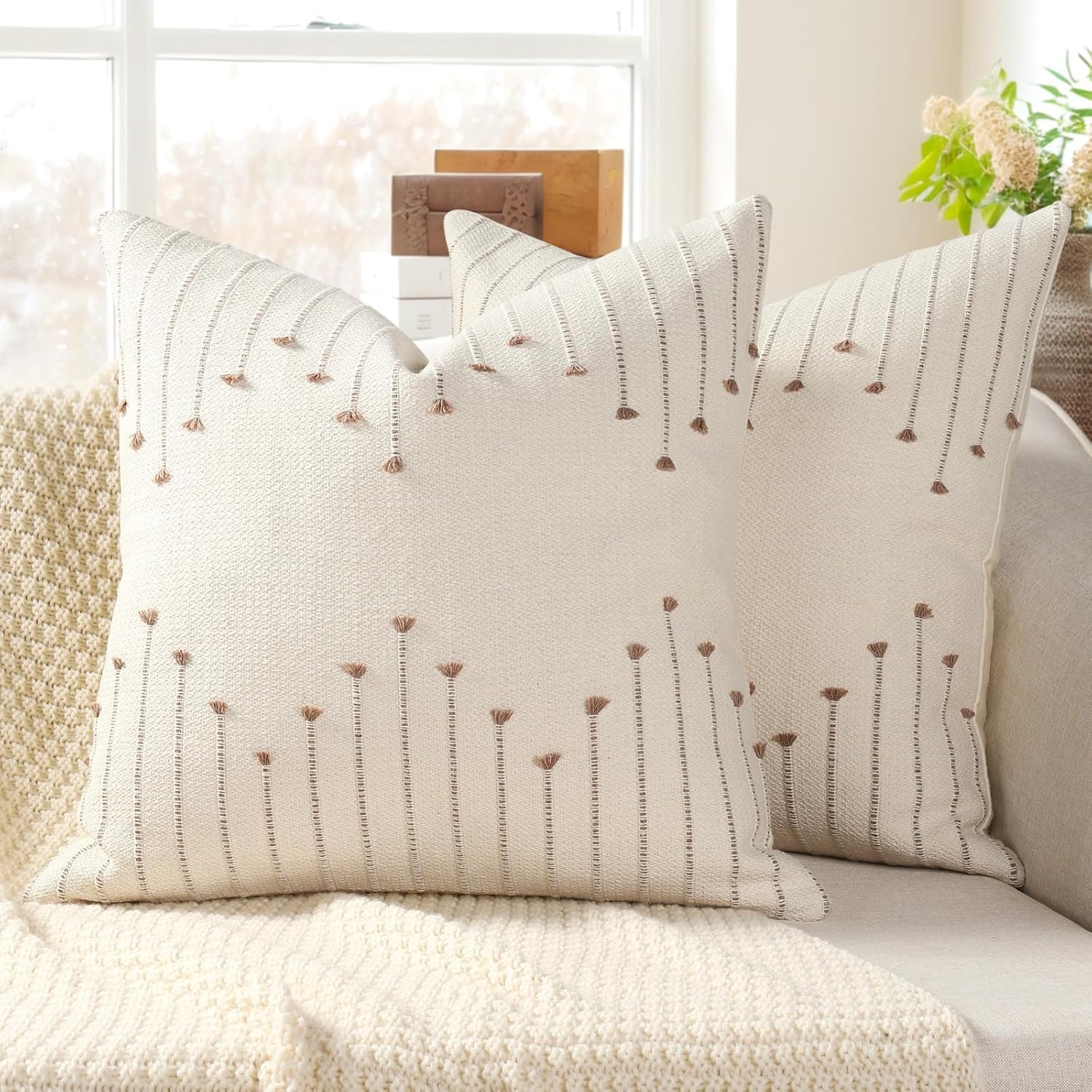 Tufted Boho Beige Throw Pillow Cover — 18" — Khaki