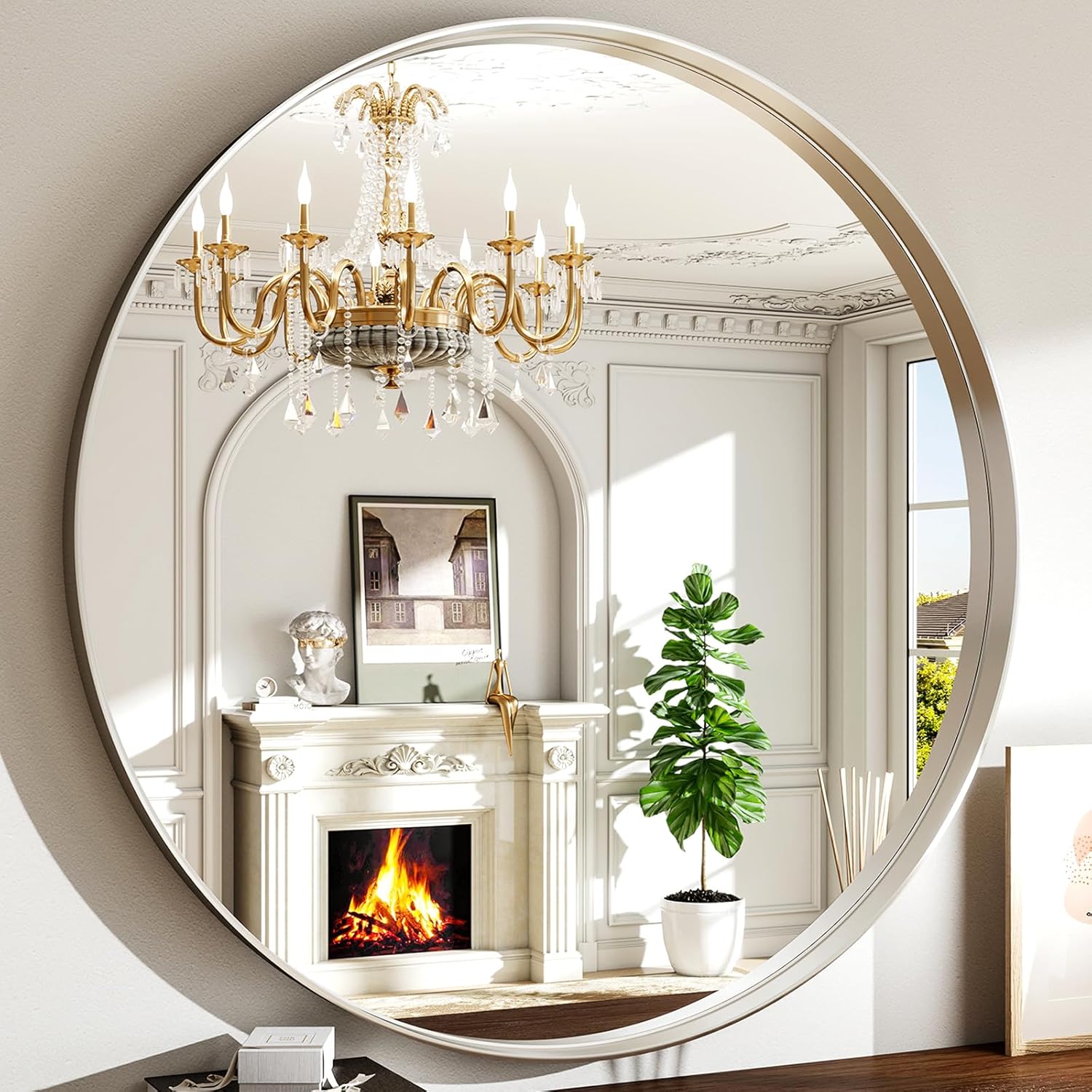 Round Modern Black Mirror — 24" — Silver