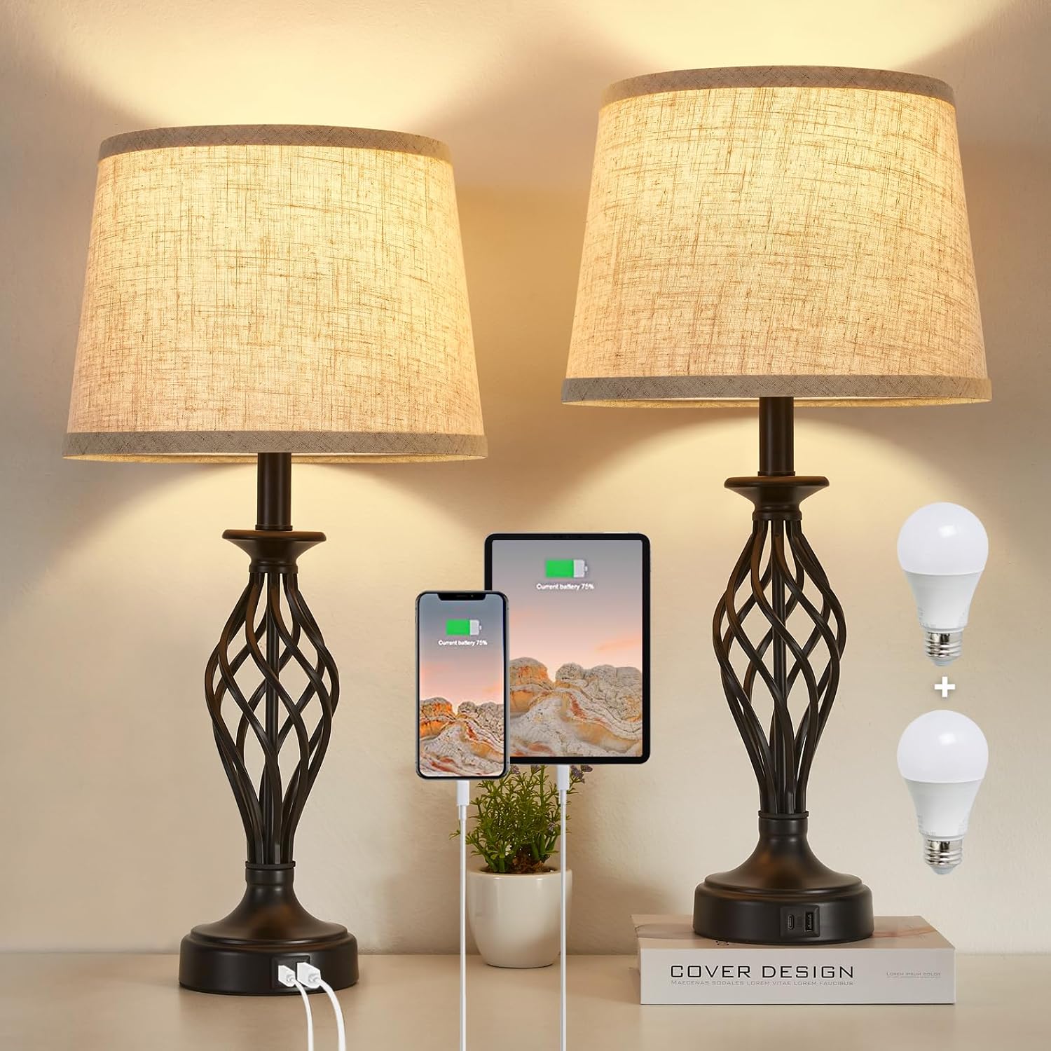 USB Modern Beige Bedside Lamp — Set of 2 — Black Base + Beige Lampshade