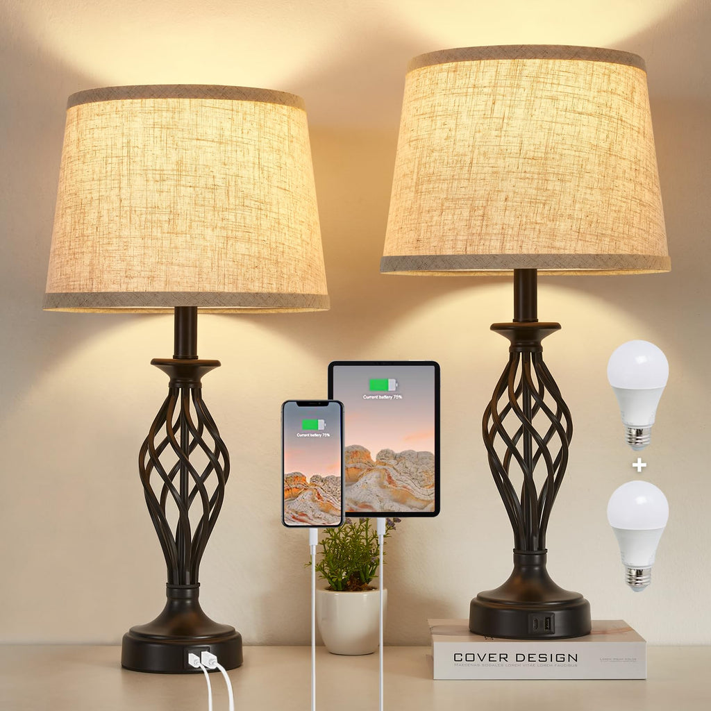 USB Modern Beige Bedside Lamp — Set of 2