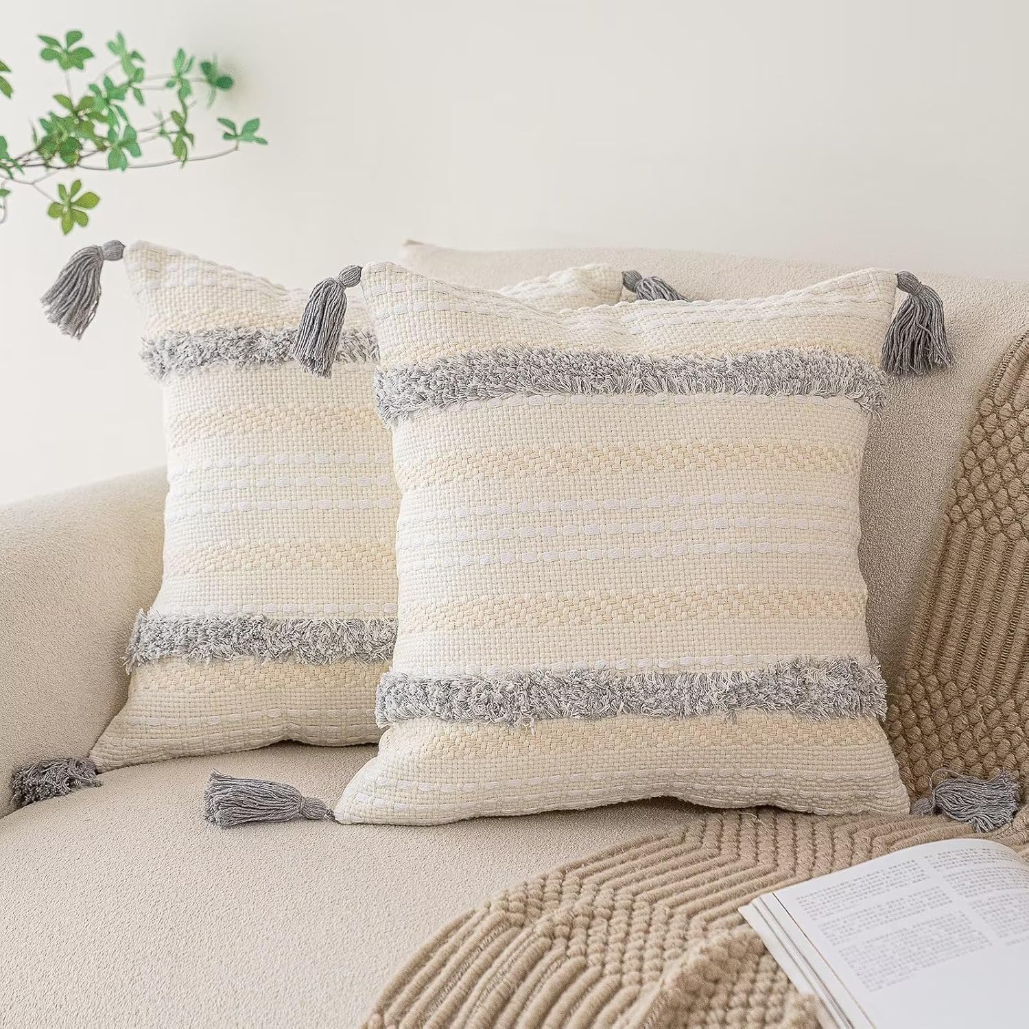 Tufted Boho Beige Throw Pillow Cover — 18" — Light Grey