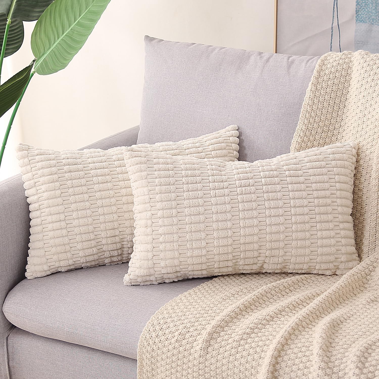 Lumbar Boho Beige Throw Pillow Cover — 20" — White