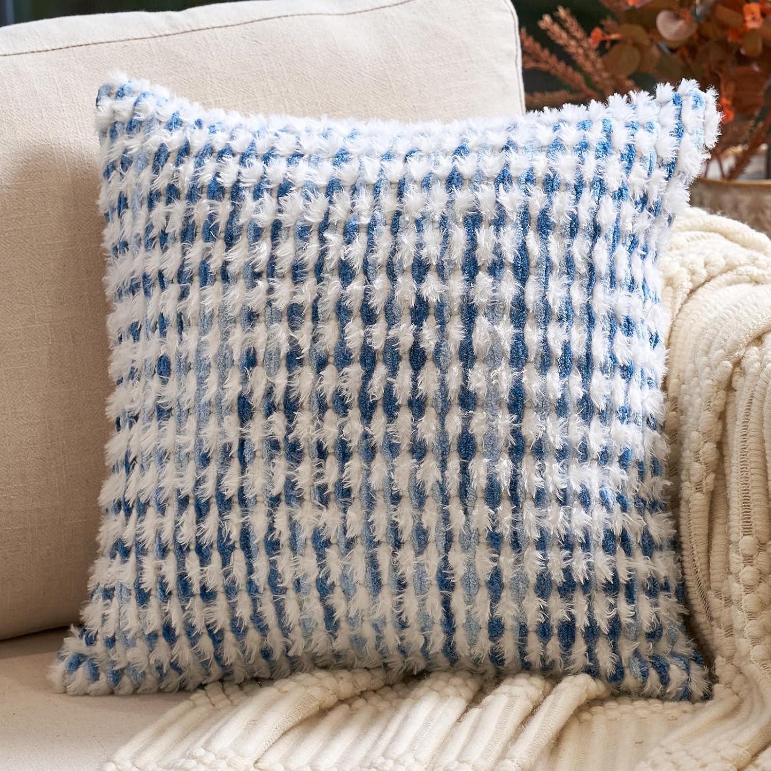 Tufted Boho Black Throw Pillow Cover — 20" — Blue White