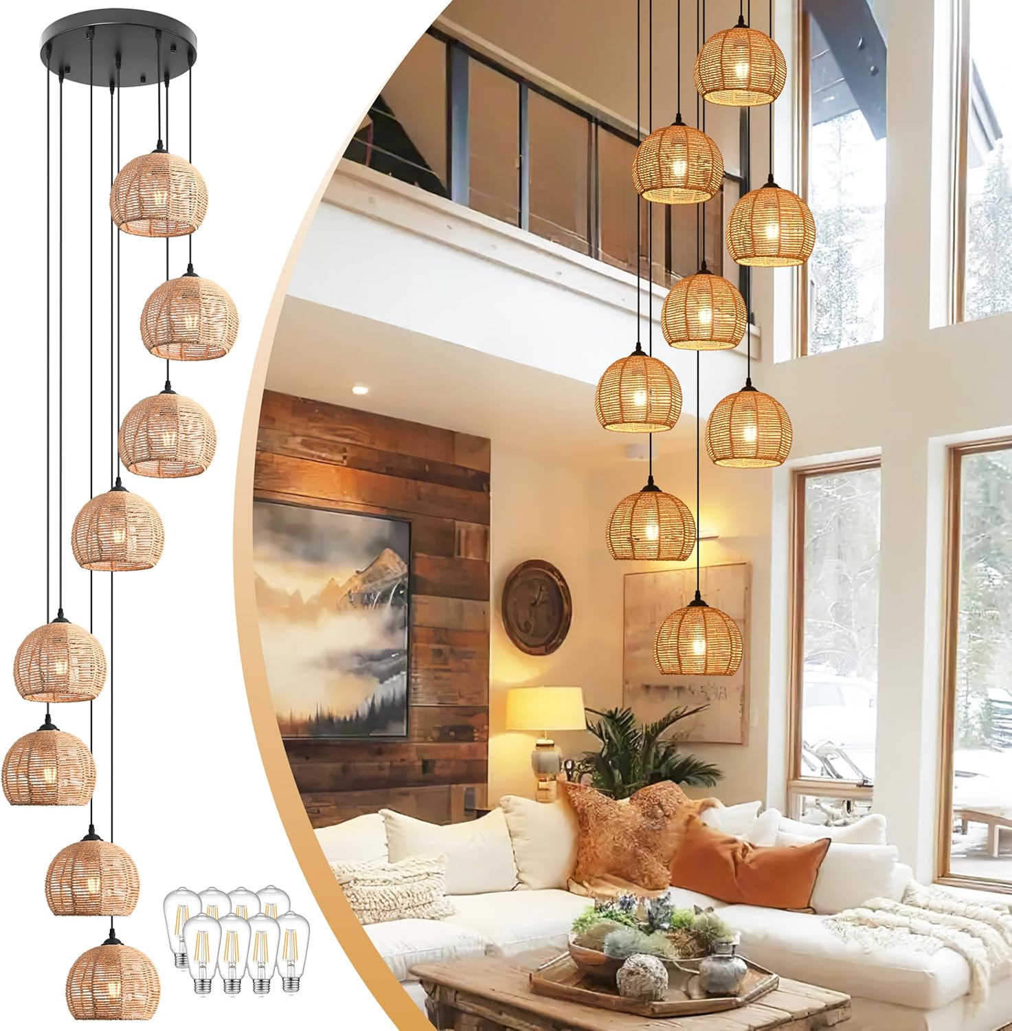 Boho Beige Chandelier — 12.2" — 16" Natural 8-Light