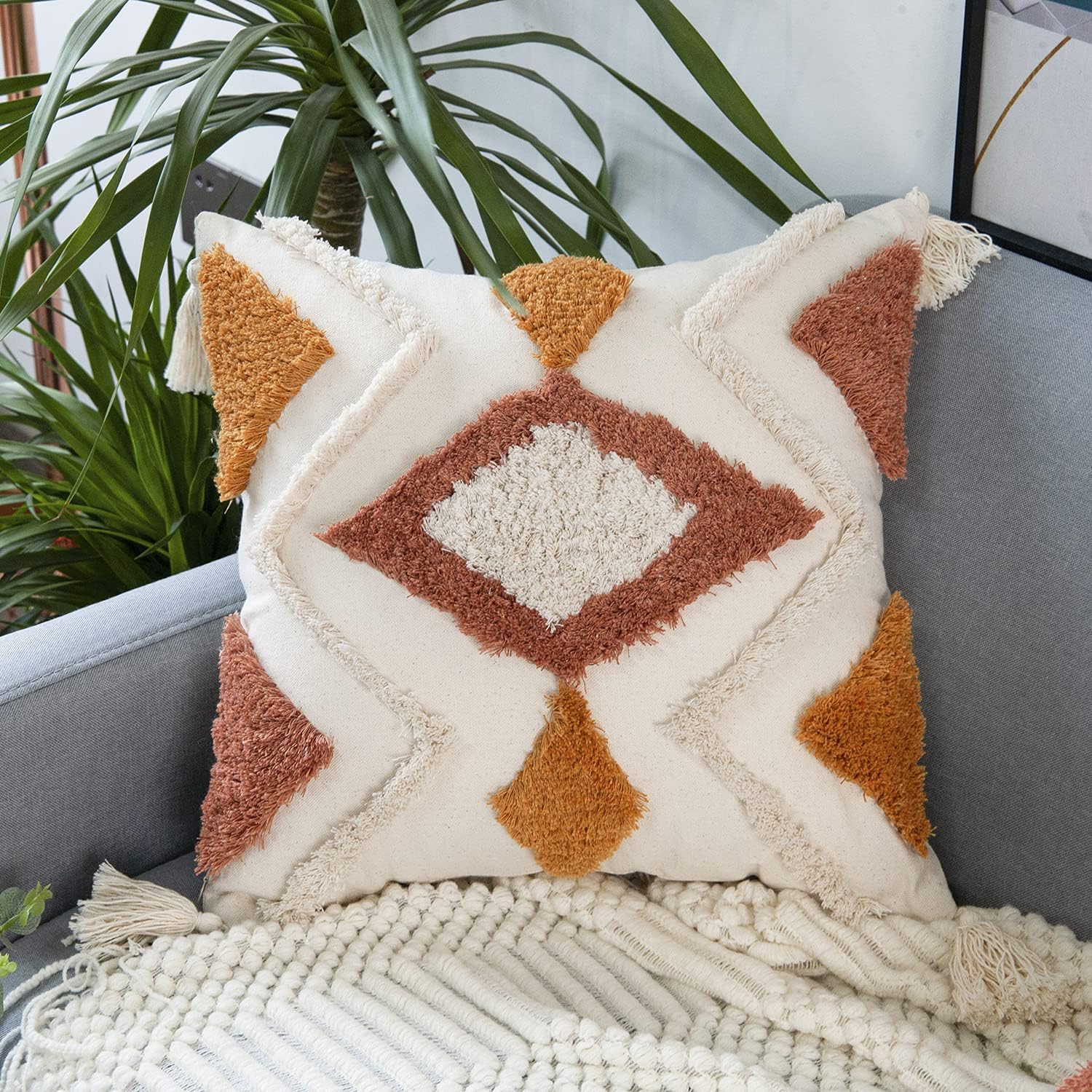 Tufted Boho Orange Throw Pillow Cover — 20" — Orange-b