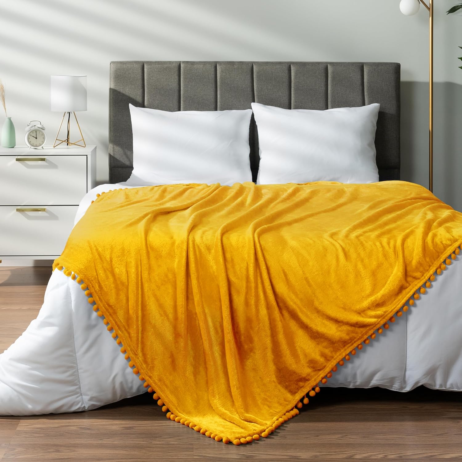 Pom Pom Beige Throw Pillow — 50" — Mustard Yellow