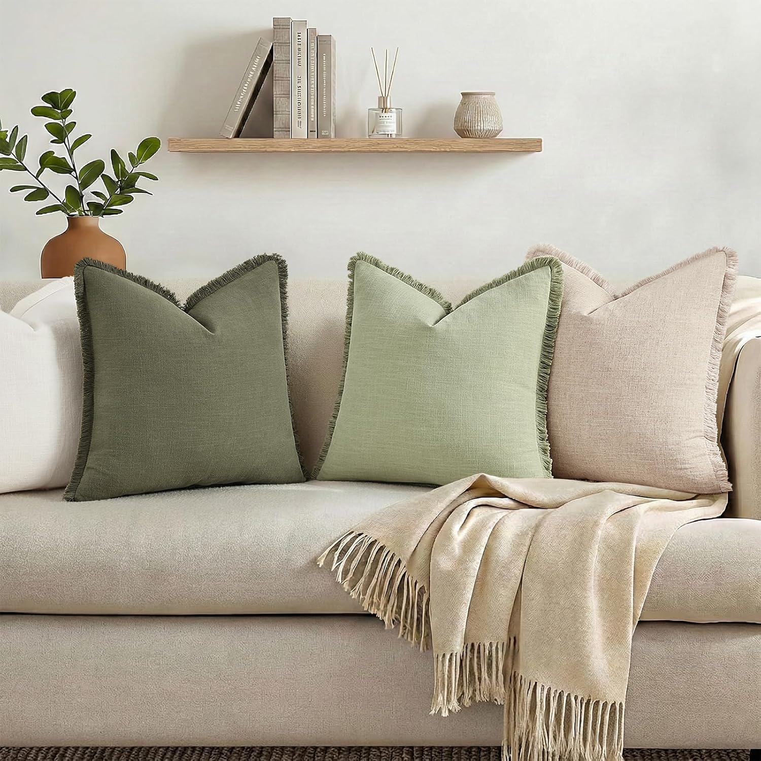 Linen Boho Beige Throw Pillow Cover — 18" - View 6