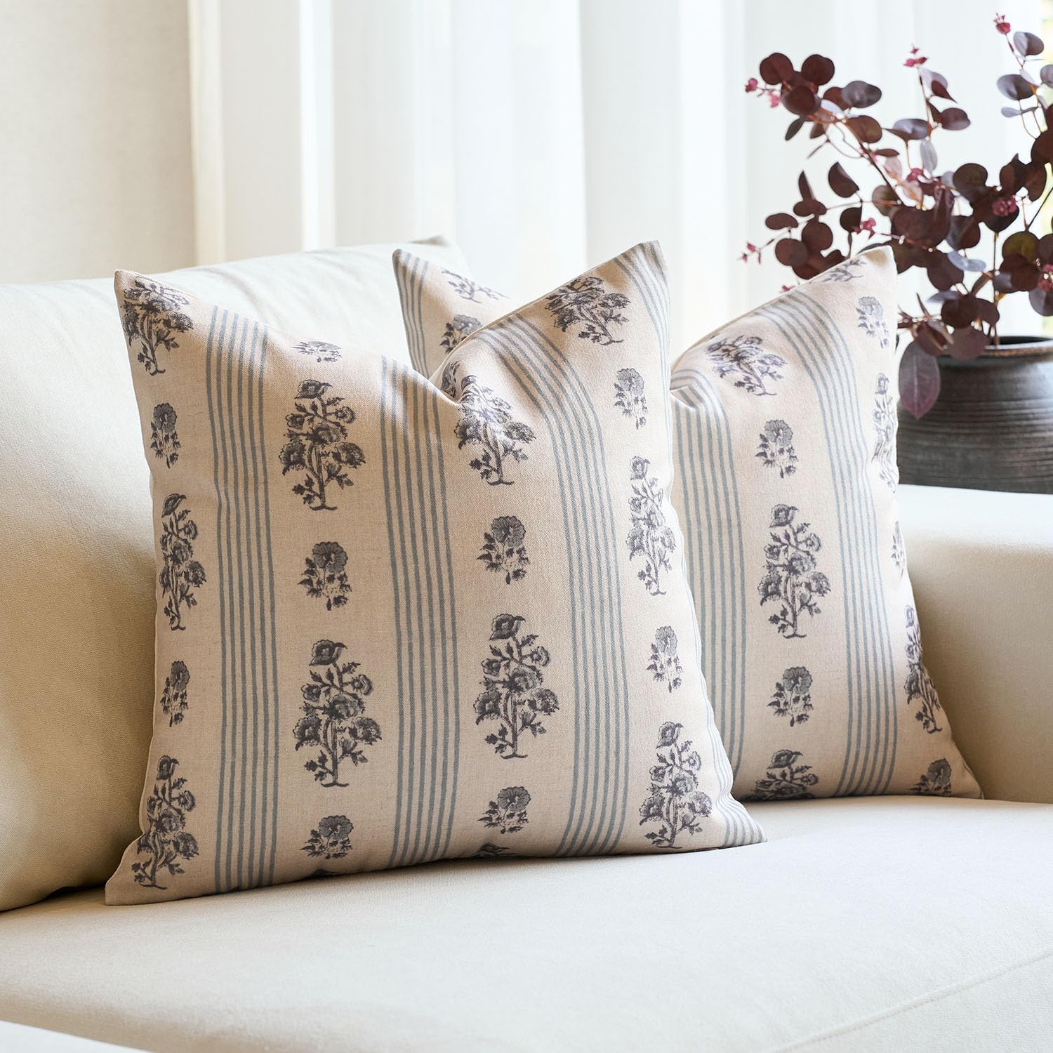 Farmhouse Beige Throw Pillow Cover — 18" — Light Blue