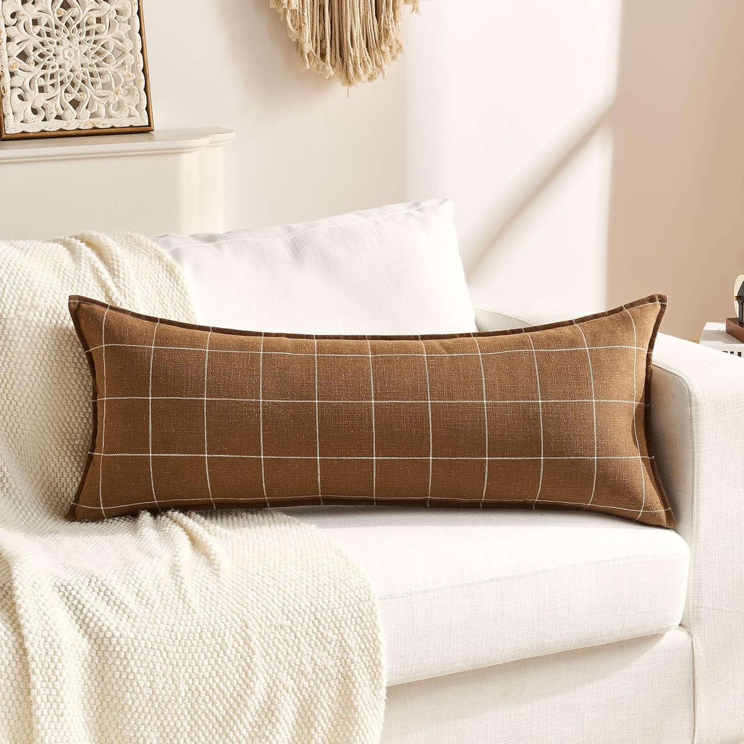 Linen Boho Beige Throw Pillow Cover — 20" — Brown Plaid 1 Pack