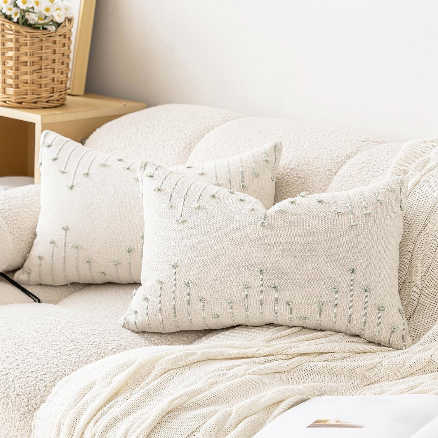 Boho Beige Throw Pillow Cover — 18" — Beige and Green