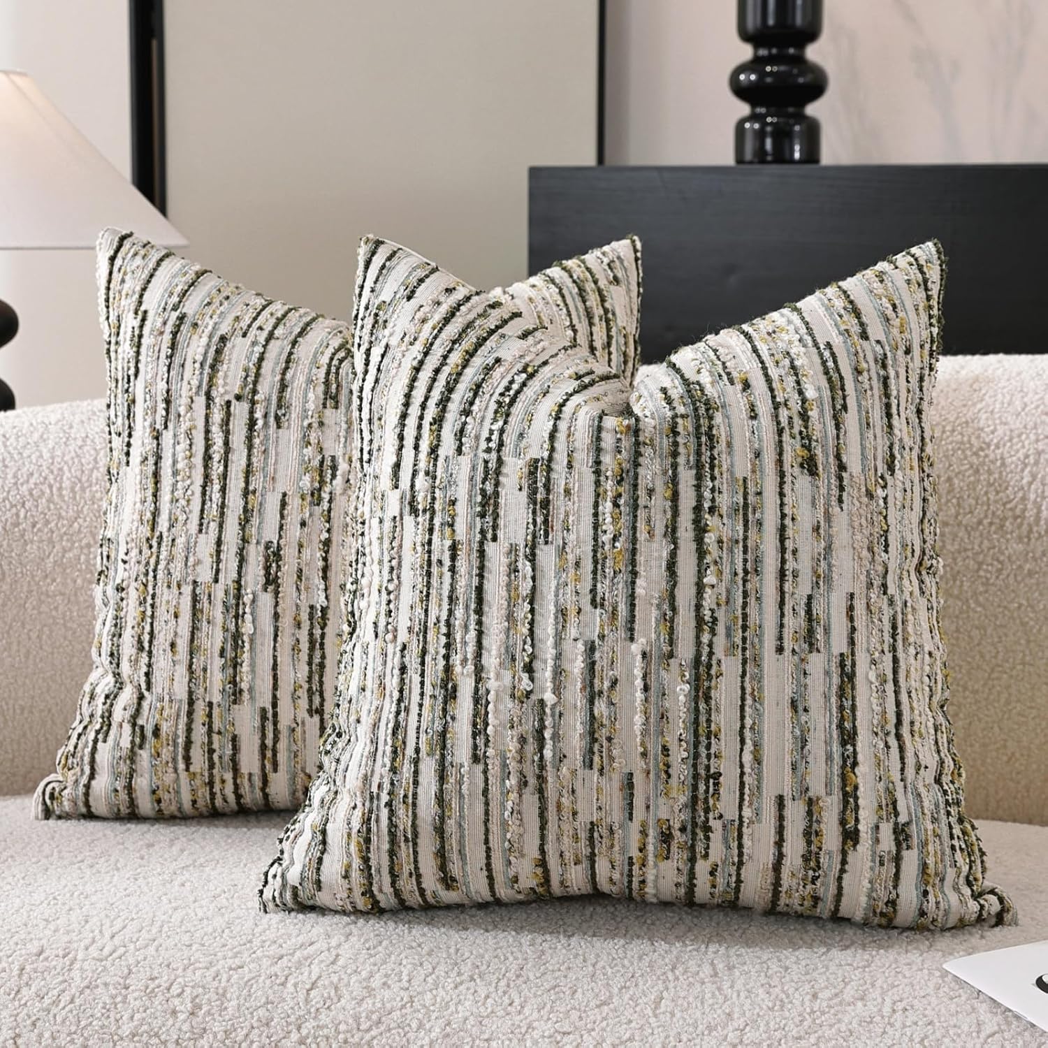 Chenille Boho Beige Throw Pillow Cover — 18" — Green