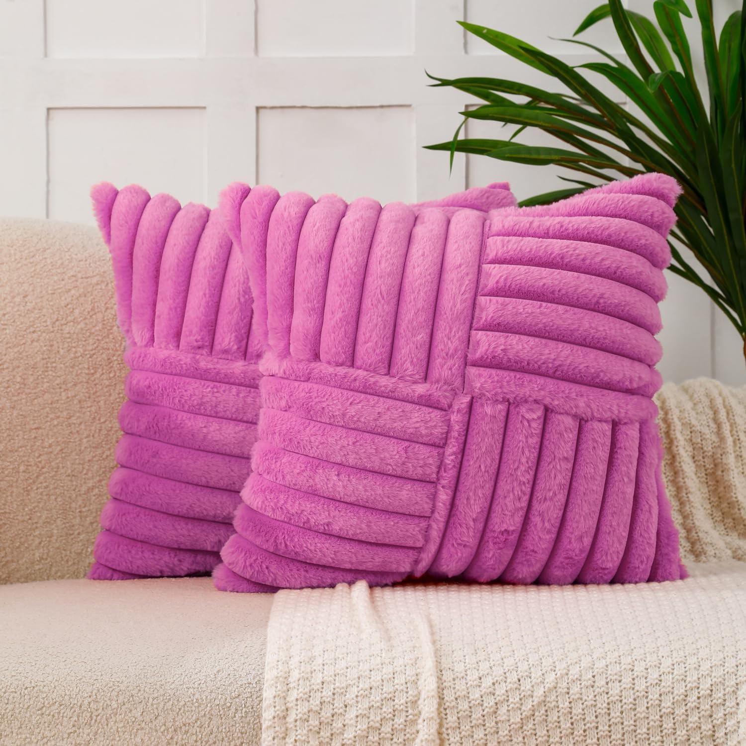 Velvet Boho Beige Throw Pillow Cover — 18" — Hotpink