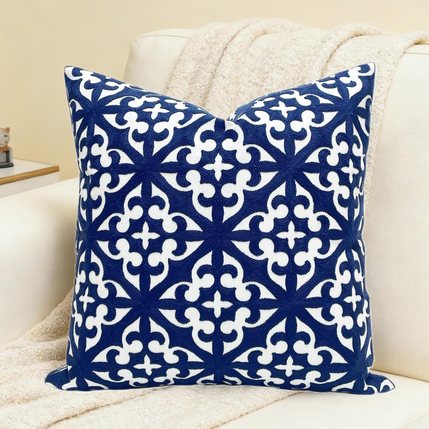 Embroidered Boho Beige Throw Pillow Cover — 18" — A-navy Off White