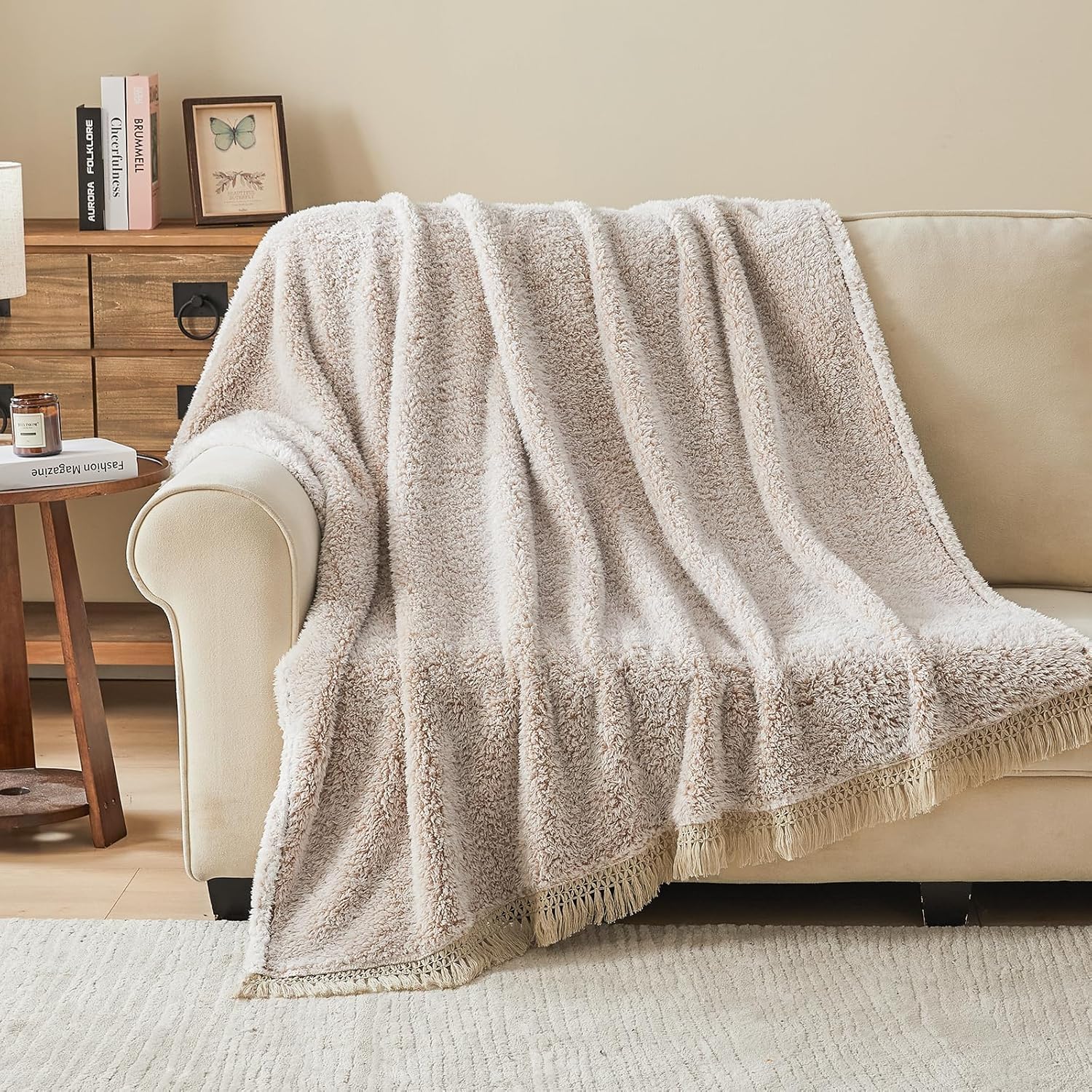 Boho Beige Throw Pillow — 50" — 04-tassel Khaki