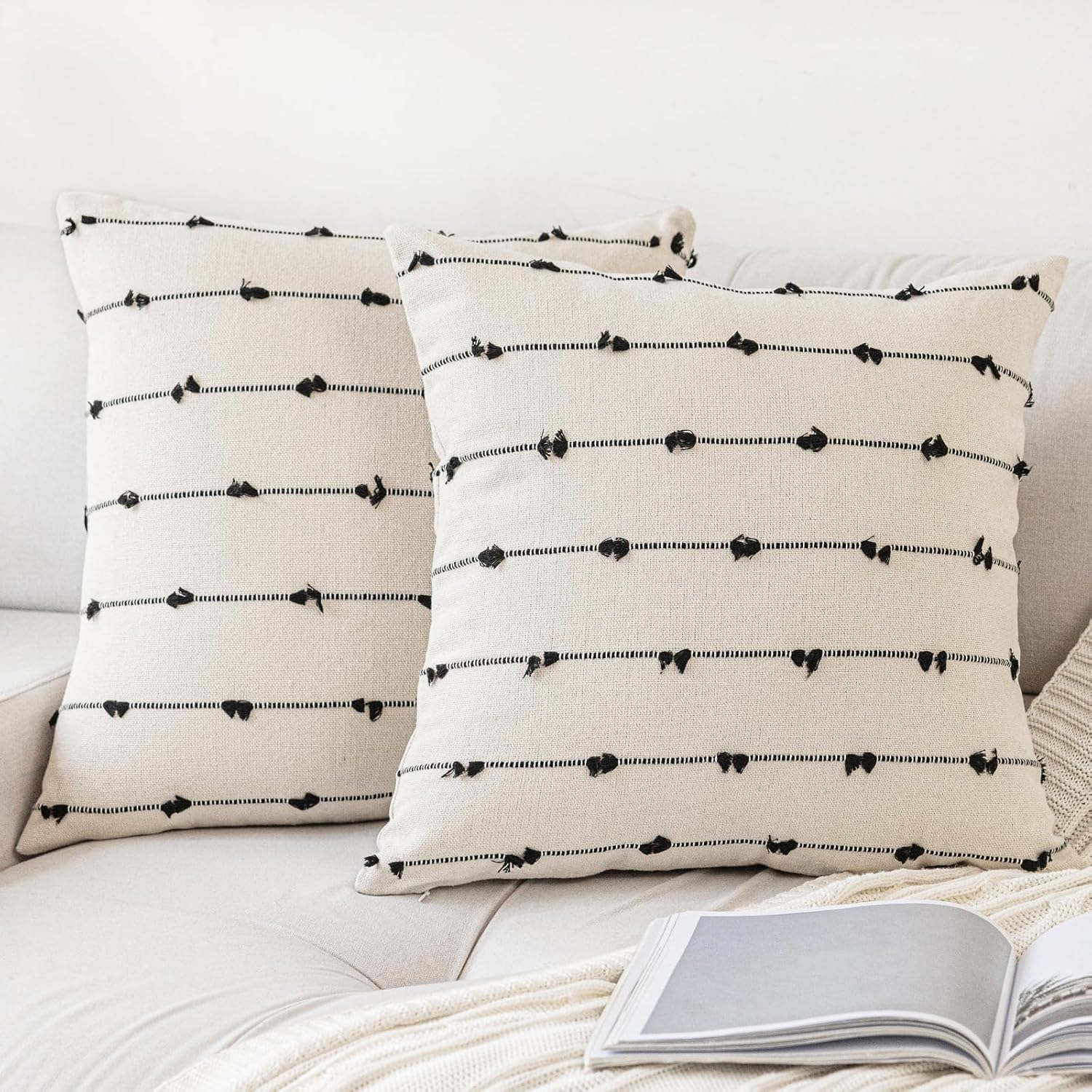 Tufted Boho Beige Throw Pillow Cover — 18" — Beige and Black