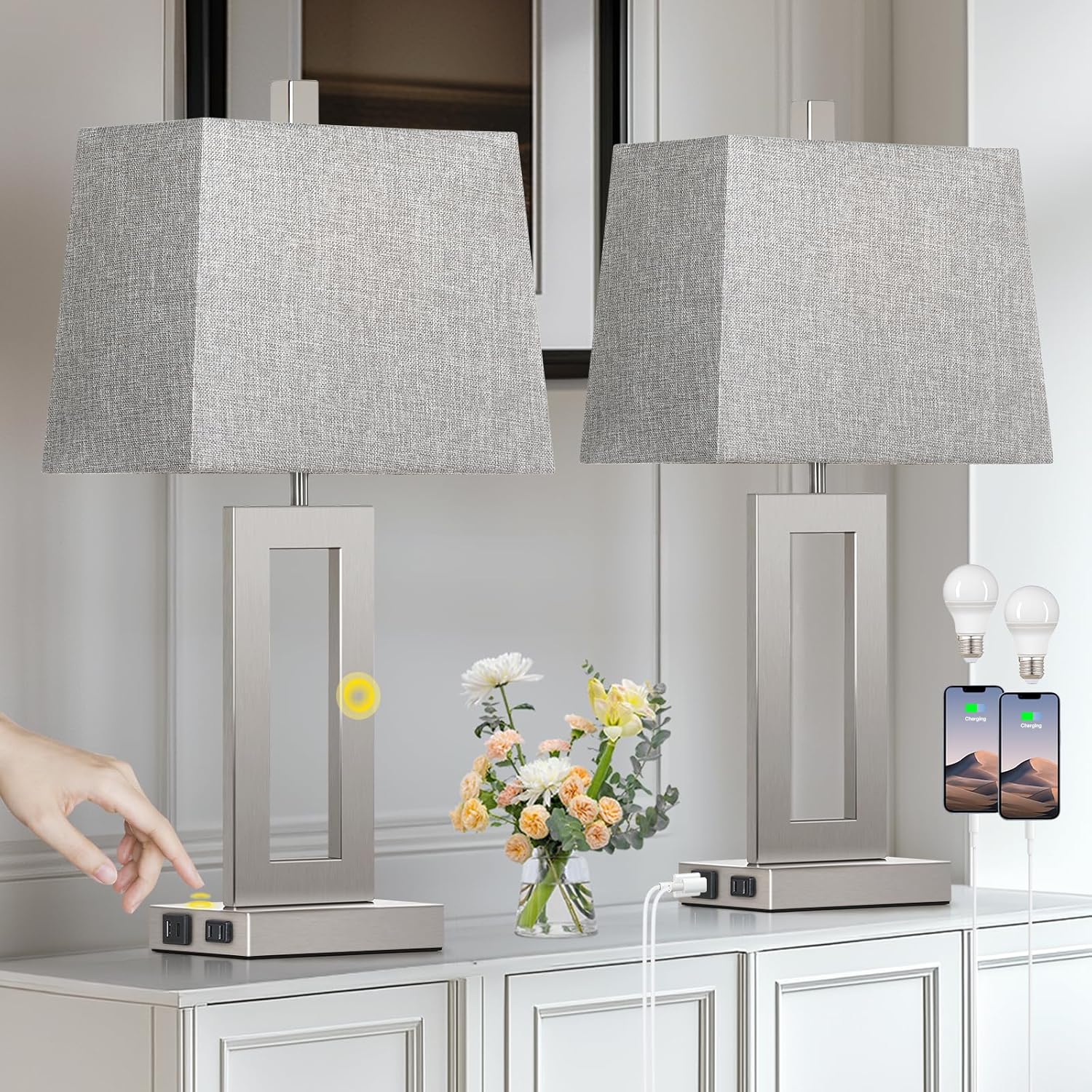 USB Modern Black Bedside Lamp — Set of 2 — Gray(shade)