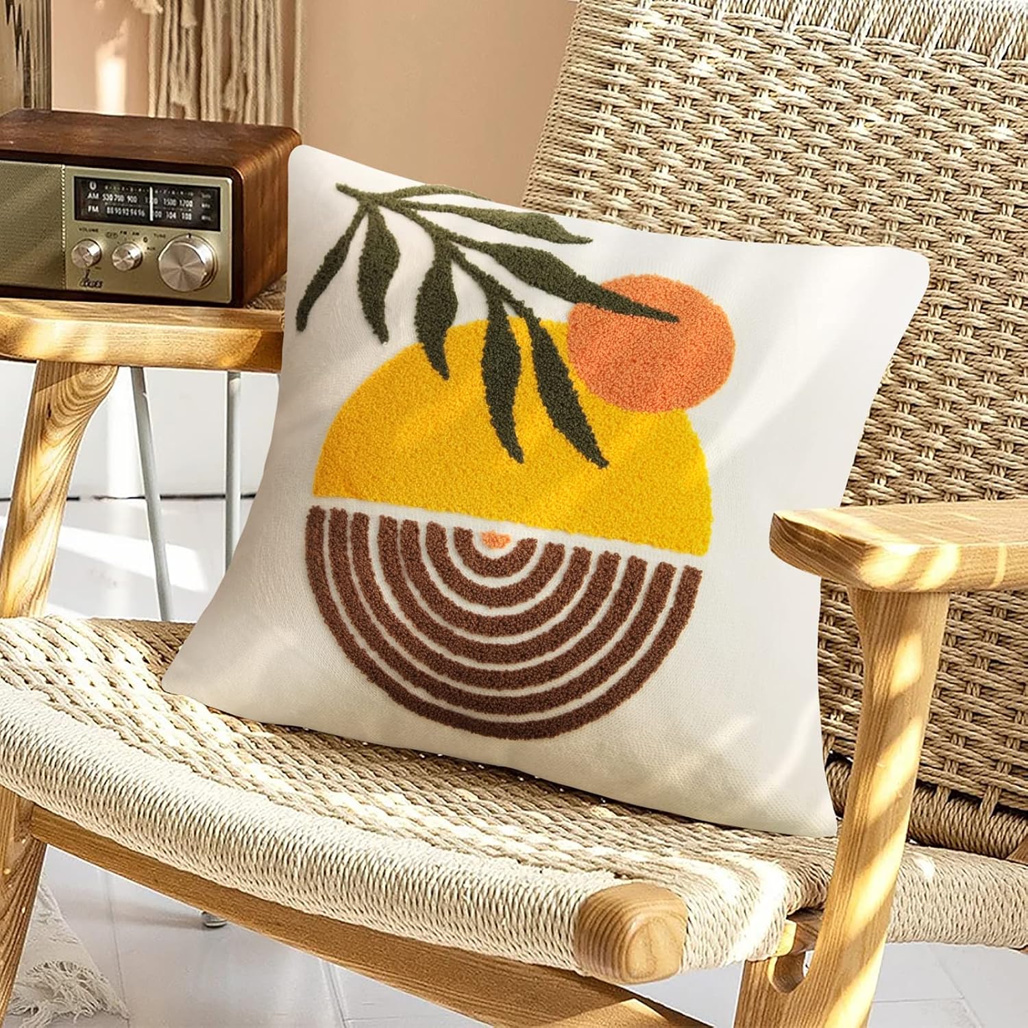 Boho Fabric Pillow Cover — 18" — Abstract Sun Plant