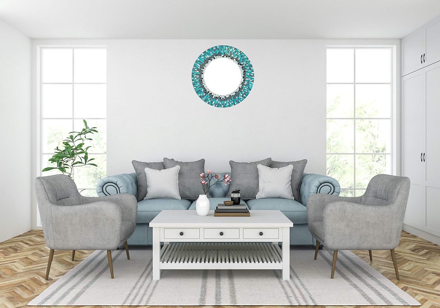 Handcrafted Blue Round Mirror — 24" - View 5