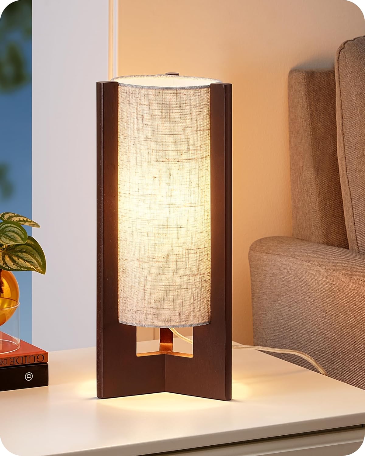 Linen Modern Beige Bedside Lamp — 13.5" — Dark Walnut Color