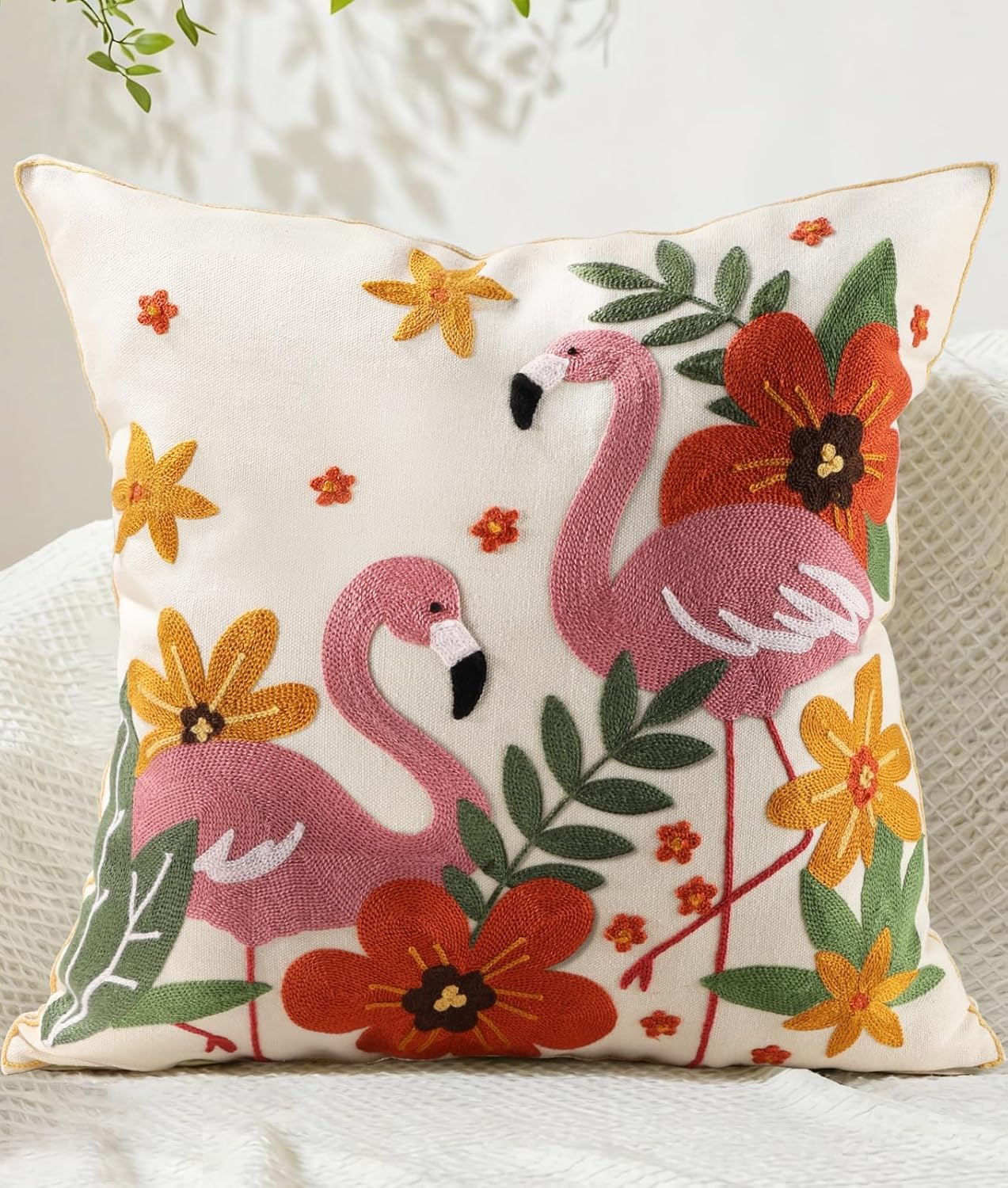 Embroidered Boho Fabric Throw Pillow Cover — 18" — Floral Pk Bird