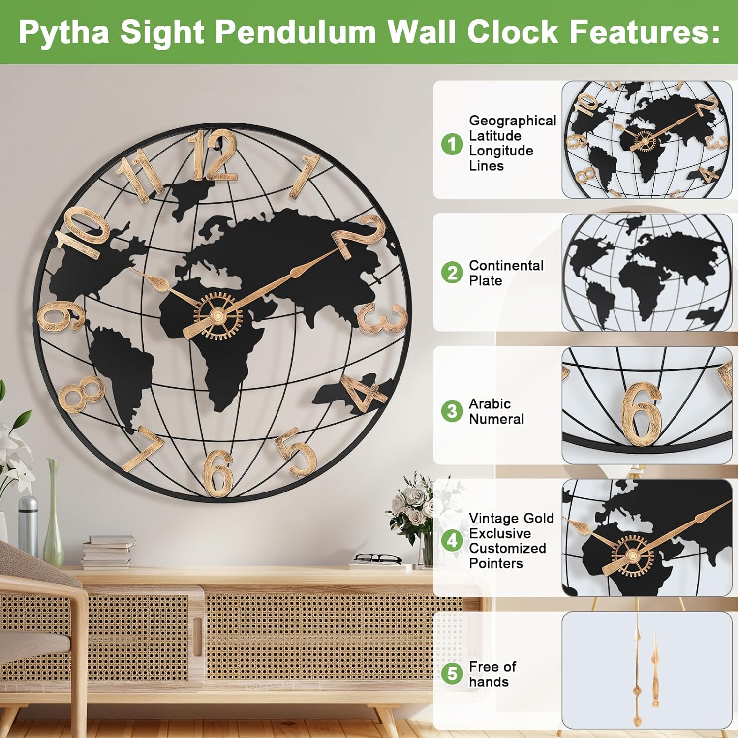 Vintage Luxe Black Wall Clock — 24" - View 2