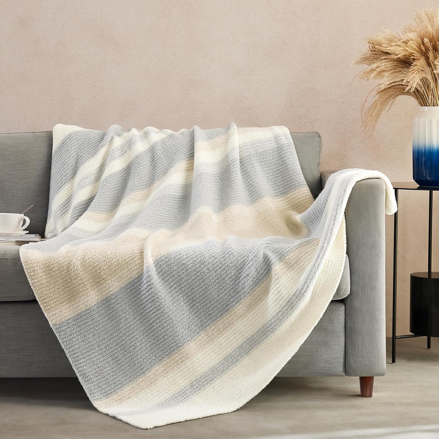 Beige Throw Pillow — 70" — Stripe Grey Khaki