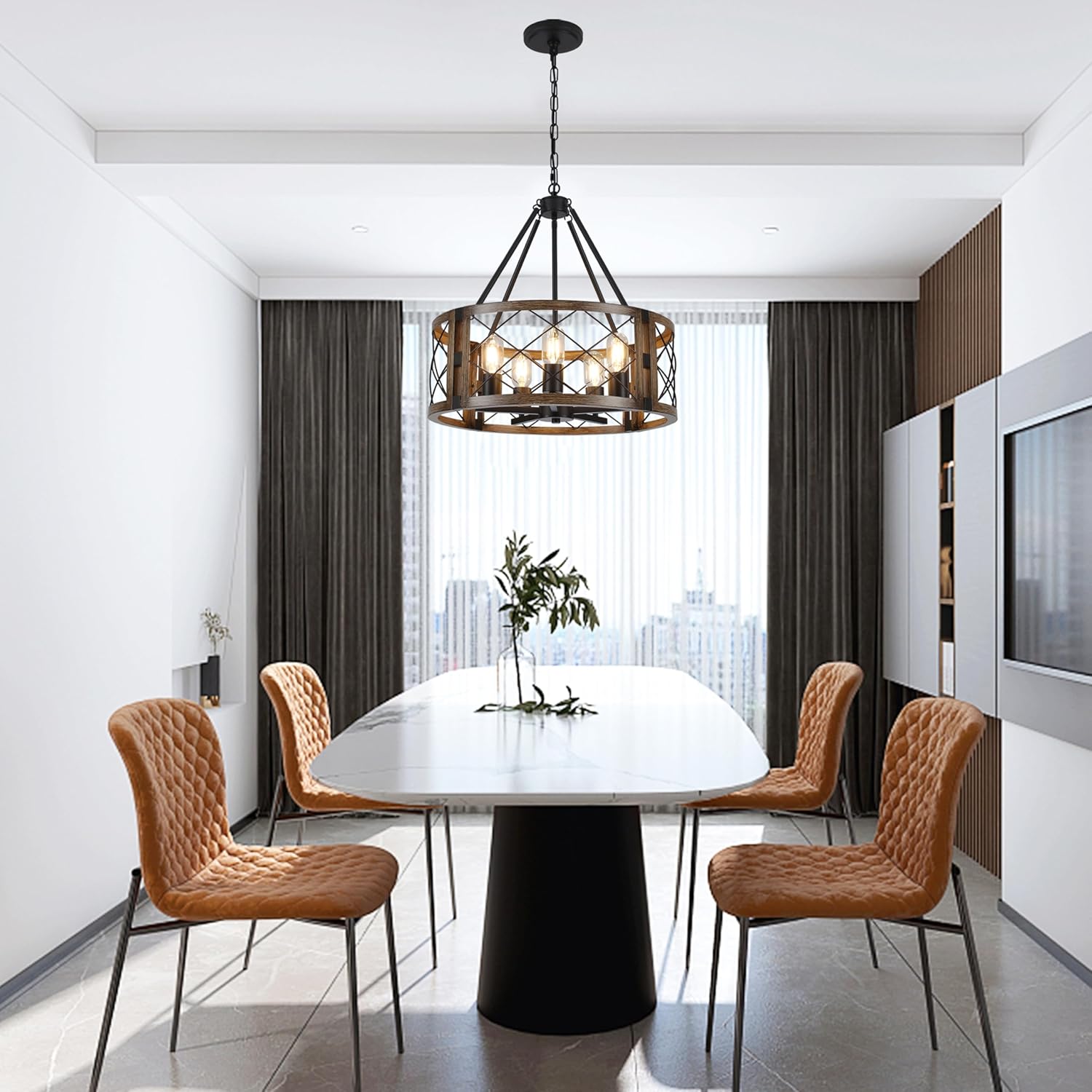 Adjustable Farmhouse Brown Chandelier — 5-Light - View 4