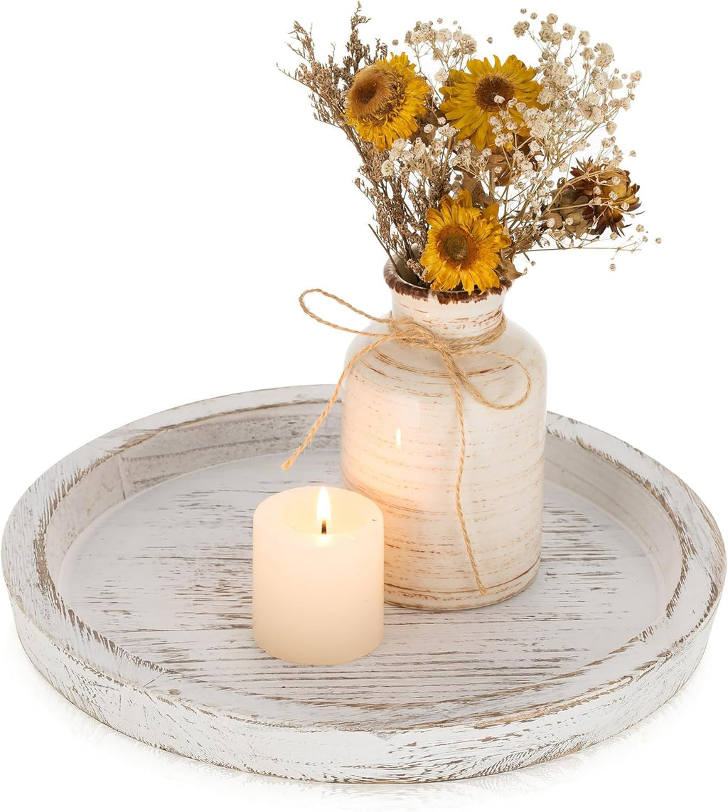 Round Farmhouse Brown Pillar Candle — Distressed White