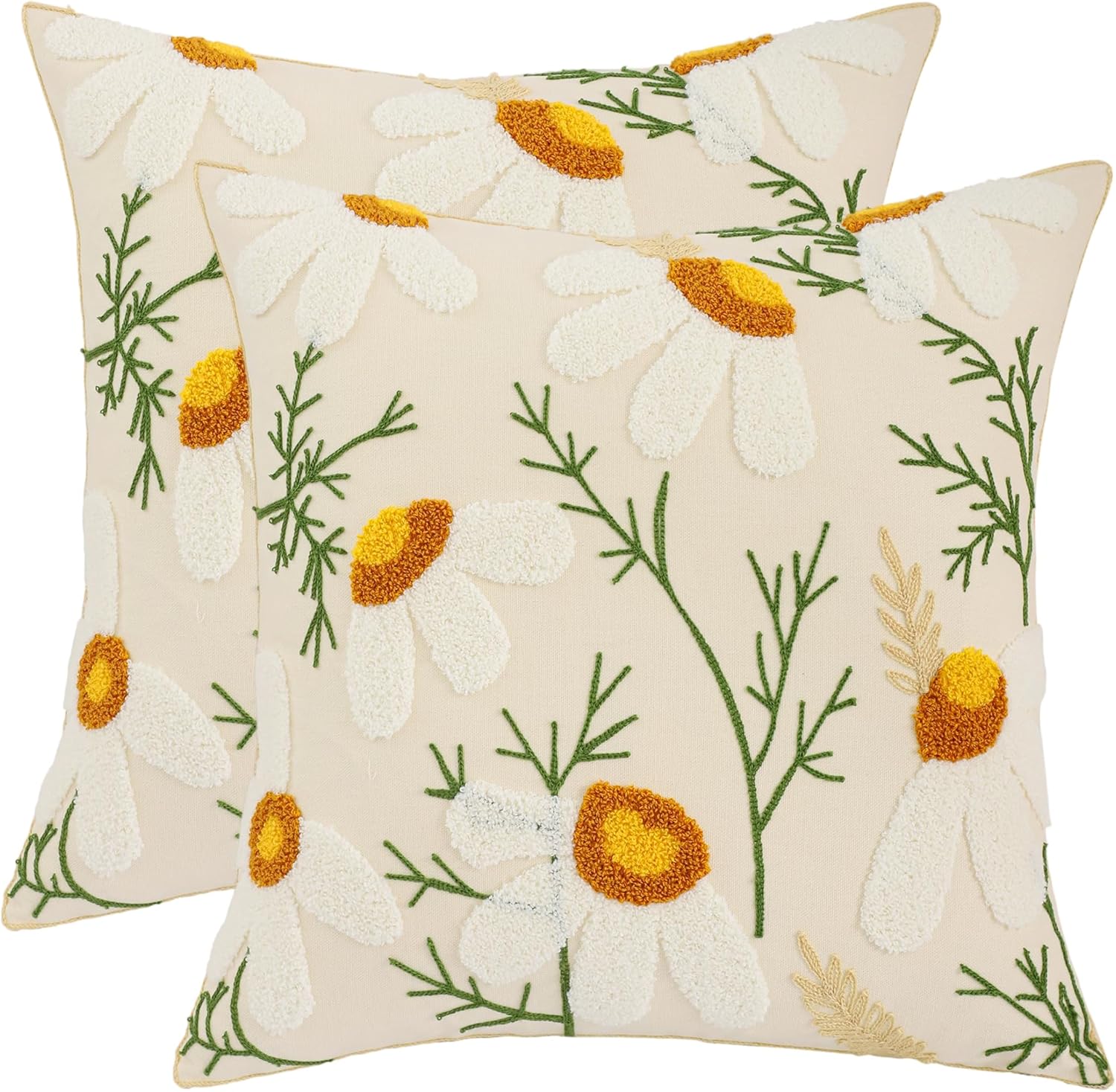 Embroidered Boho Blue Throw Pillow Cover — 18" — White Daisy