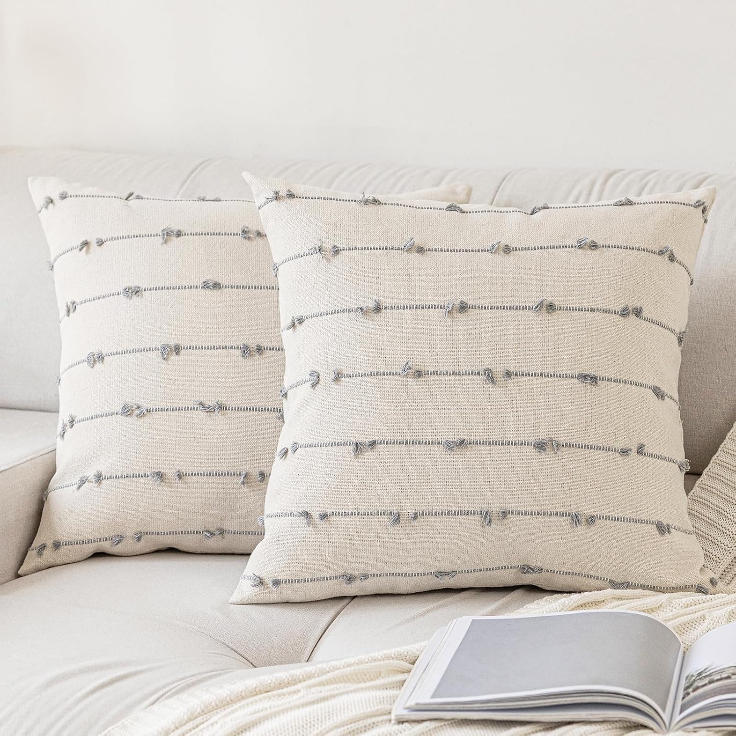 Tufted Boho Beige Throw Pillow Cover — 18" — Beige and Grey