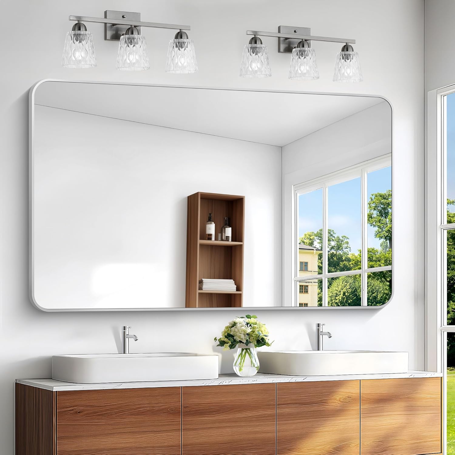 Round Luxe Beige Wall Mirror — 60" — Silver Rounded Rectangle