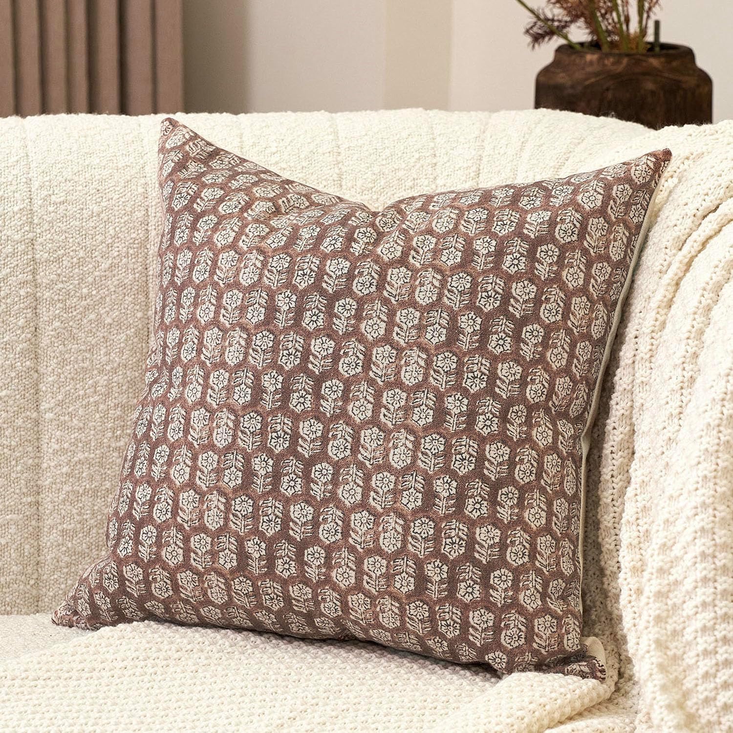 Farmhouse Beige Throw Pillow Cover — 18" — Cognac Brown