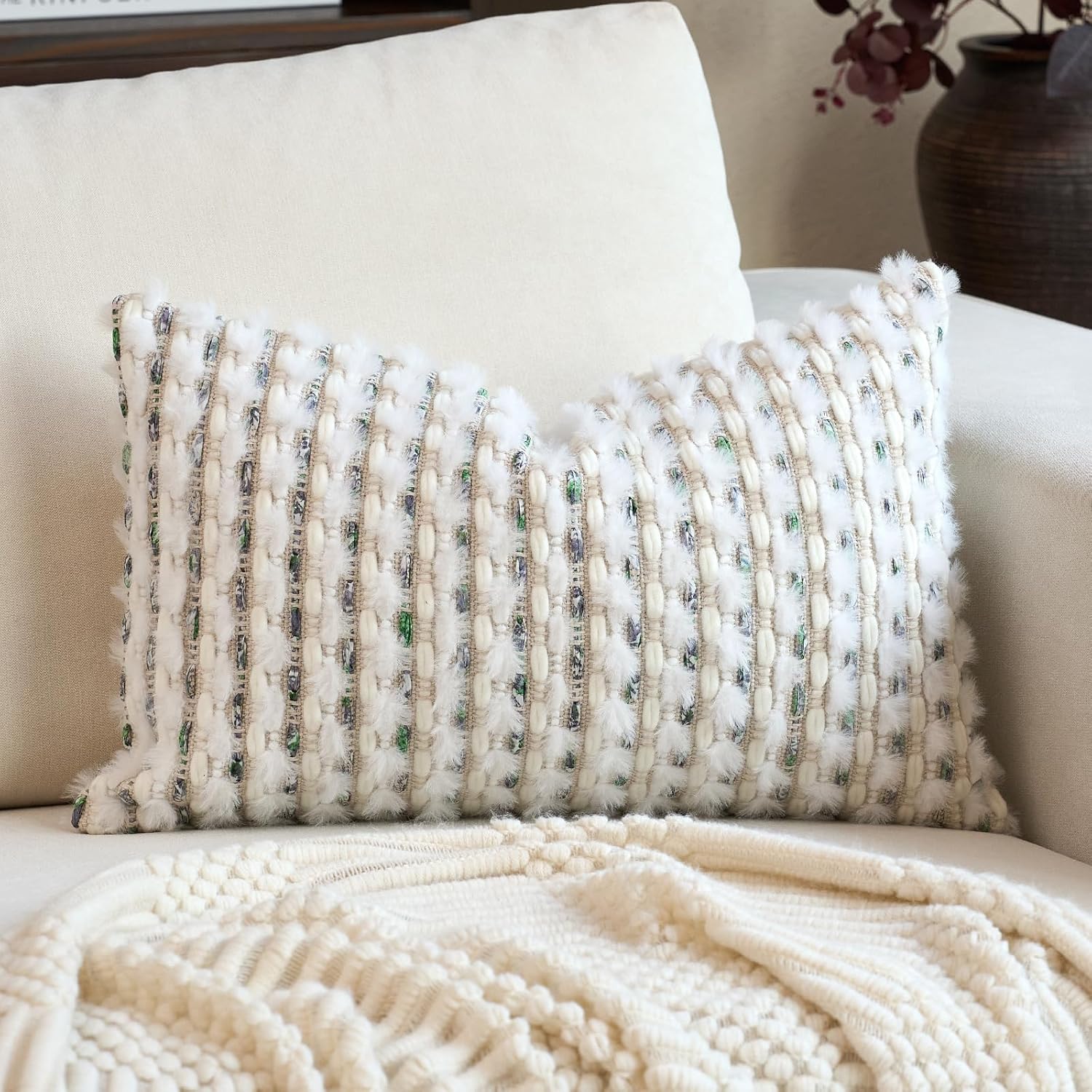Tufted Boho Blue Throw Pillow Cover — 18" — Green White