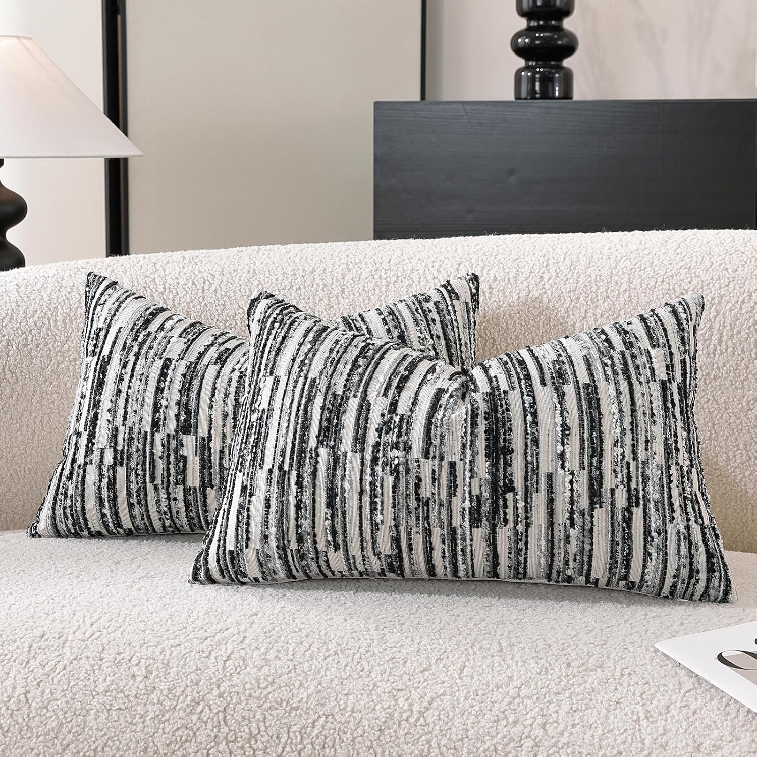 Chenille Boho Beige Throw Pillow Cover — 18" — Black